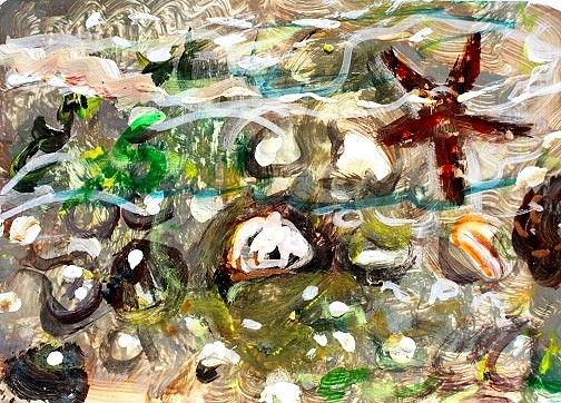 ORIGINAL ACEO Painting BEACH SHELL Ocean Sand Star Fish Summer Shore Sea ATC ART