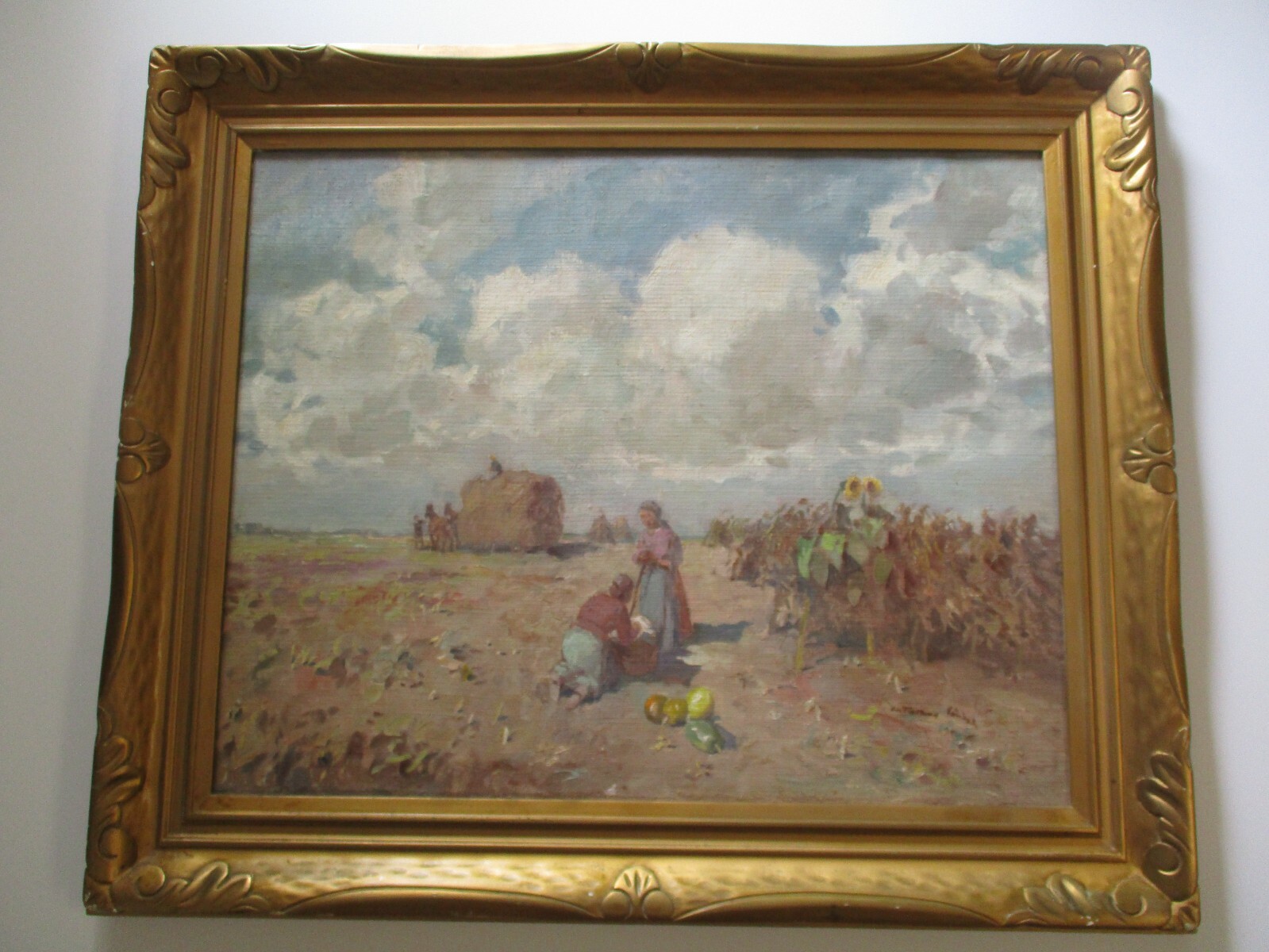 LARGE VINTAGE ANTIQUE IMPRESSIONIST PAINTING LANDSCAPE OLD FARM WORKERS WPA ERA