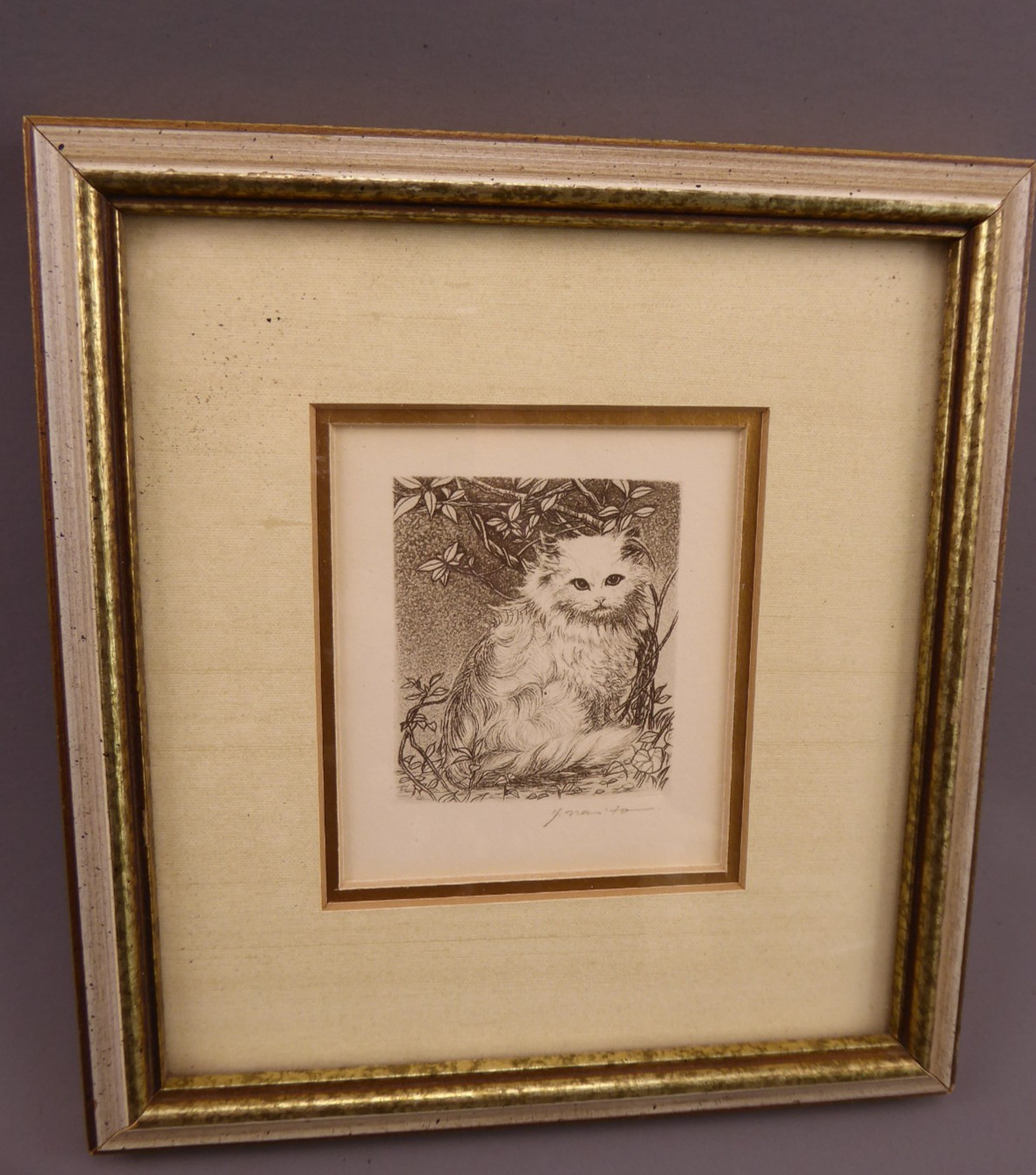 Vintage Signed Cat Among Branches Print Japanese Artist Yachiyo Naito Framed