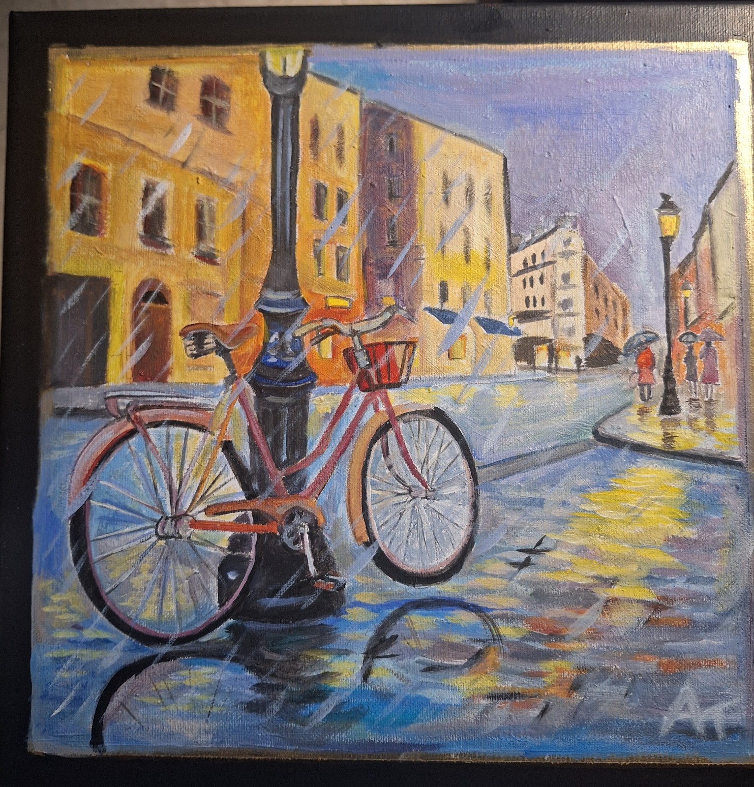 Original Painting 12×12 Rainy Bicycle Acrylic Canvas Signed Contemporary Decor