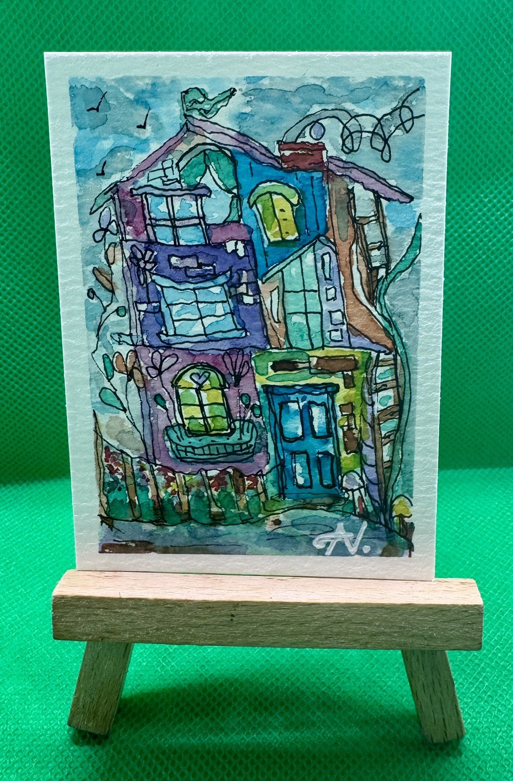 Home, sweet home. Cottage Original ACEO Watercolor Ink Camblc Signed