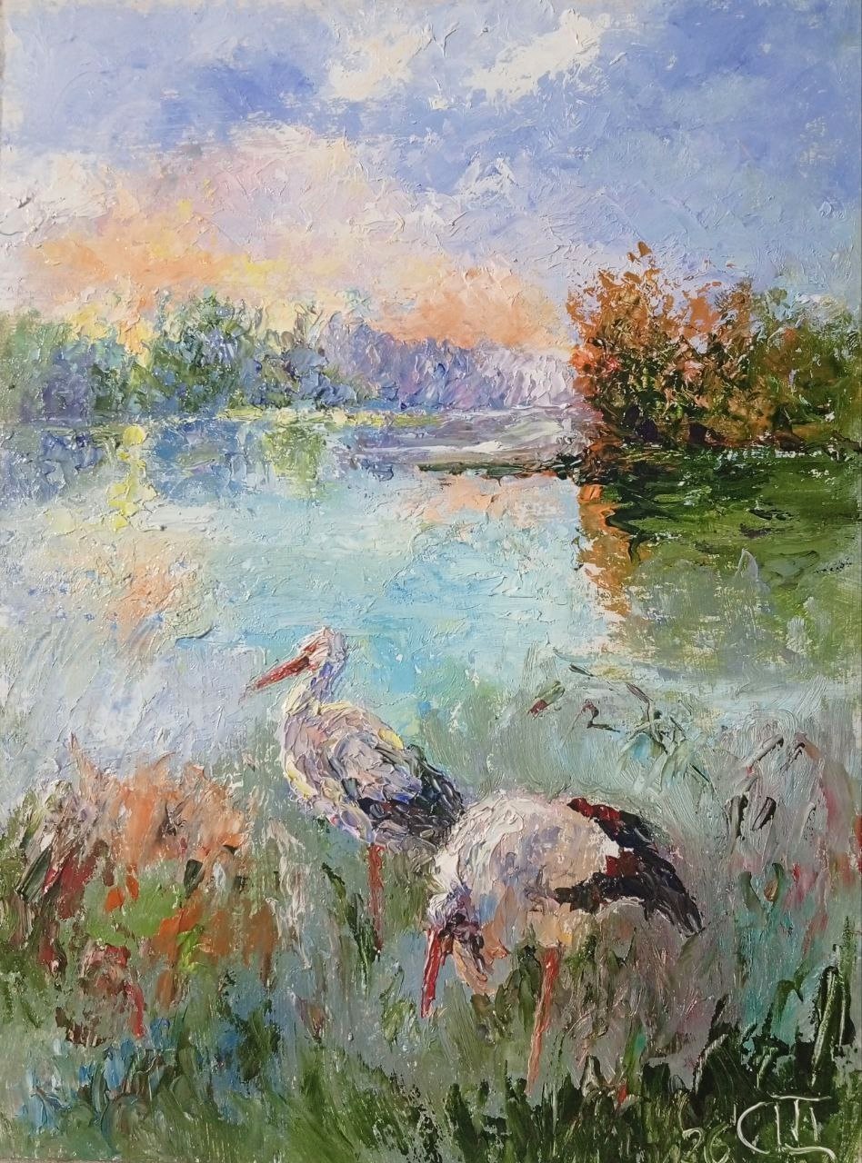 Painting “Storks”. Oil on hardboard. 7×9 inc. Handmade. 2026. Unframed.
