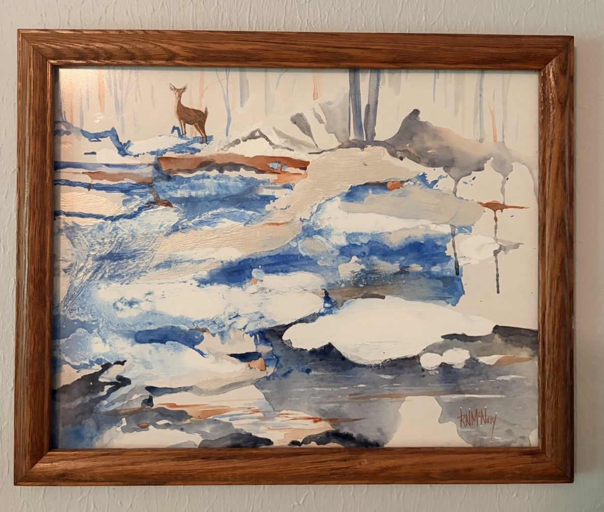 Signed R N McNary 14×11” Watercolor, Deer, Blues & Browns, 15.5×12.5” Oak Frame