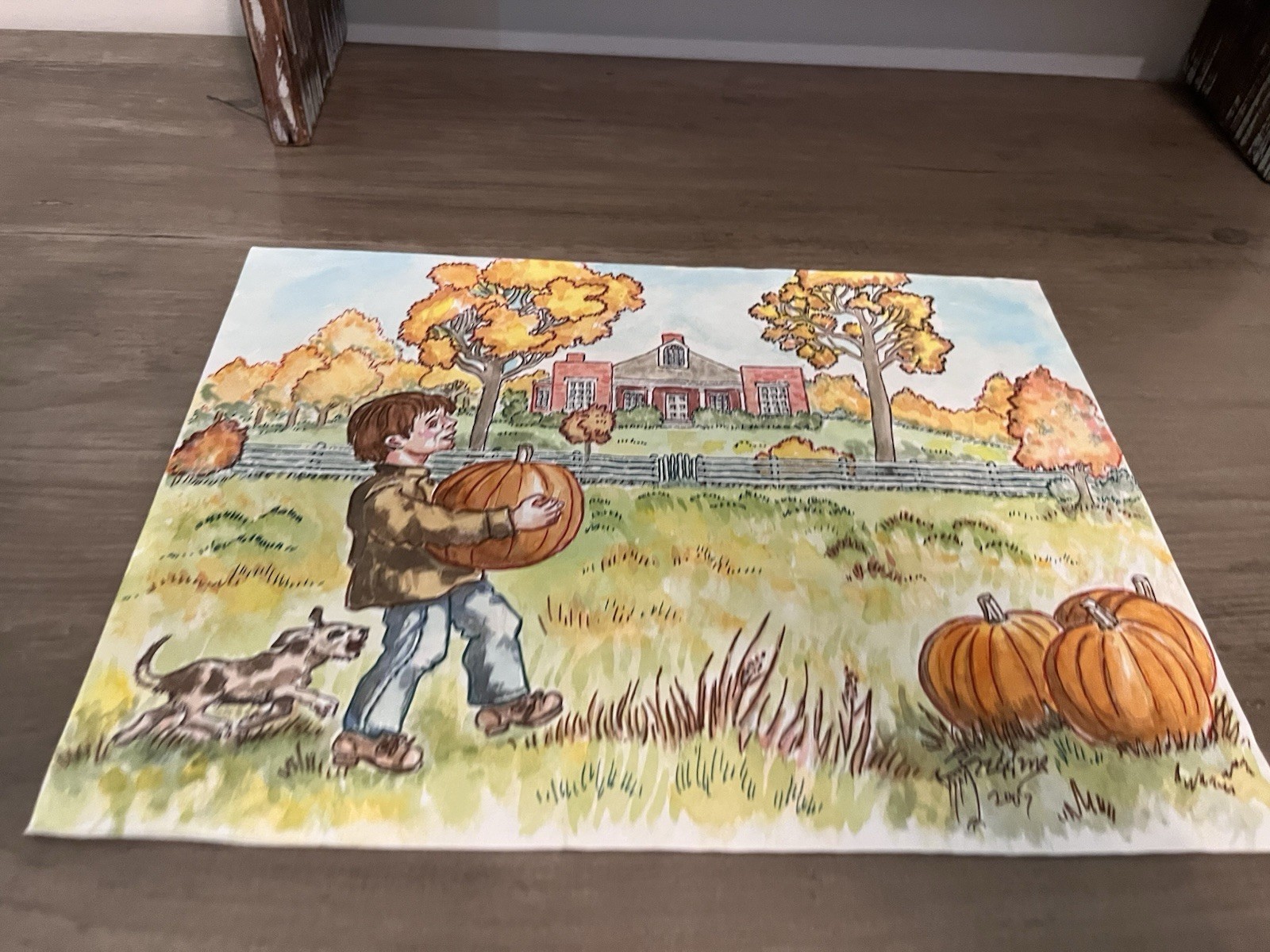 Original Folk Art Watercolor WW Higgins Primitive Pumpkin Scene Ohio Art.