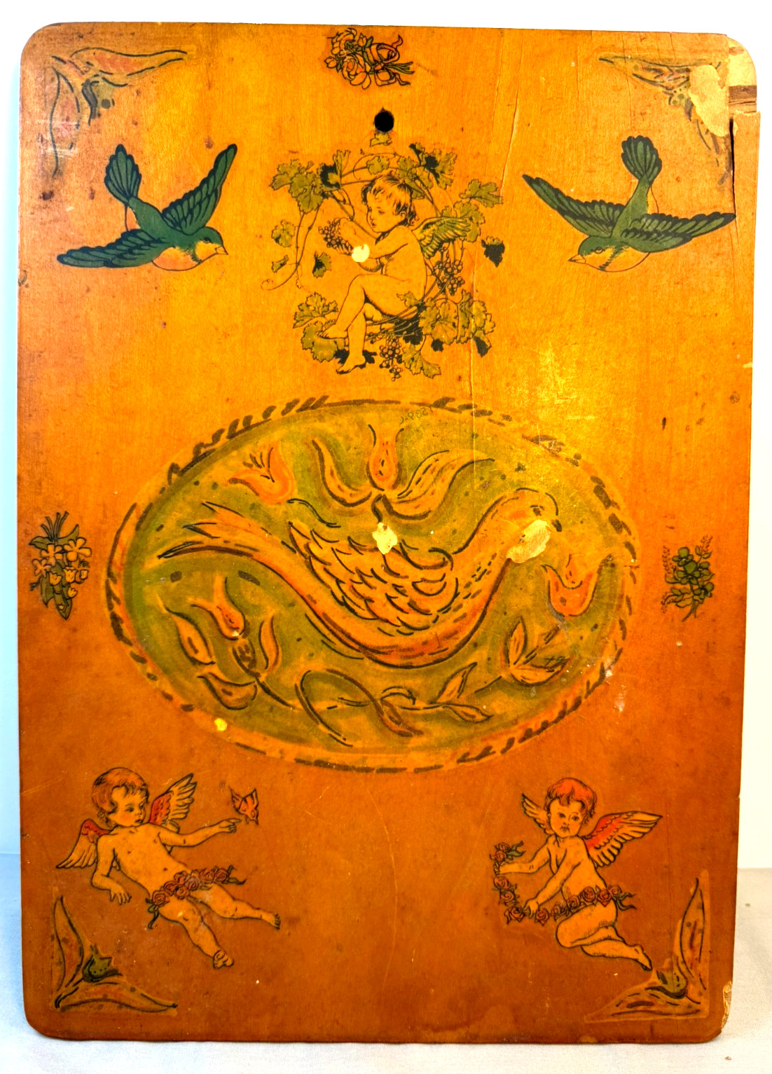 Pennsylvania Dutch Folk Art Painted Panel with Cherubs & Birds