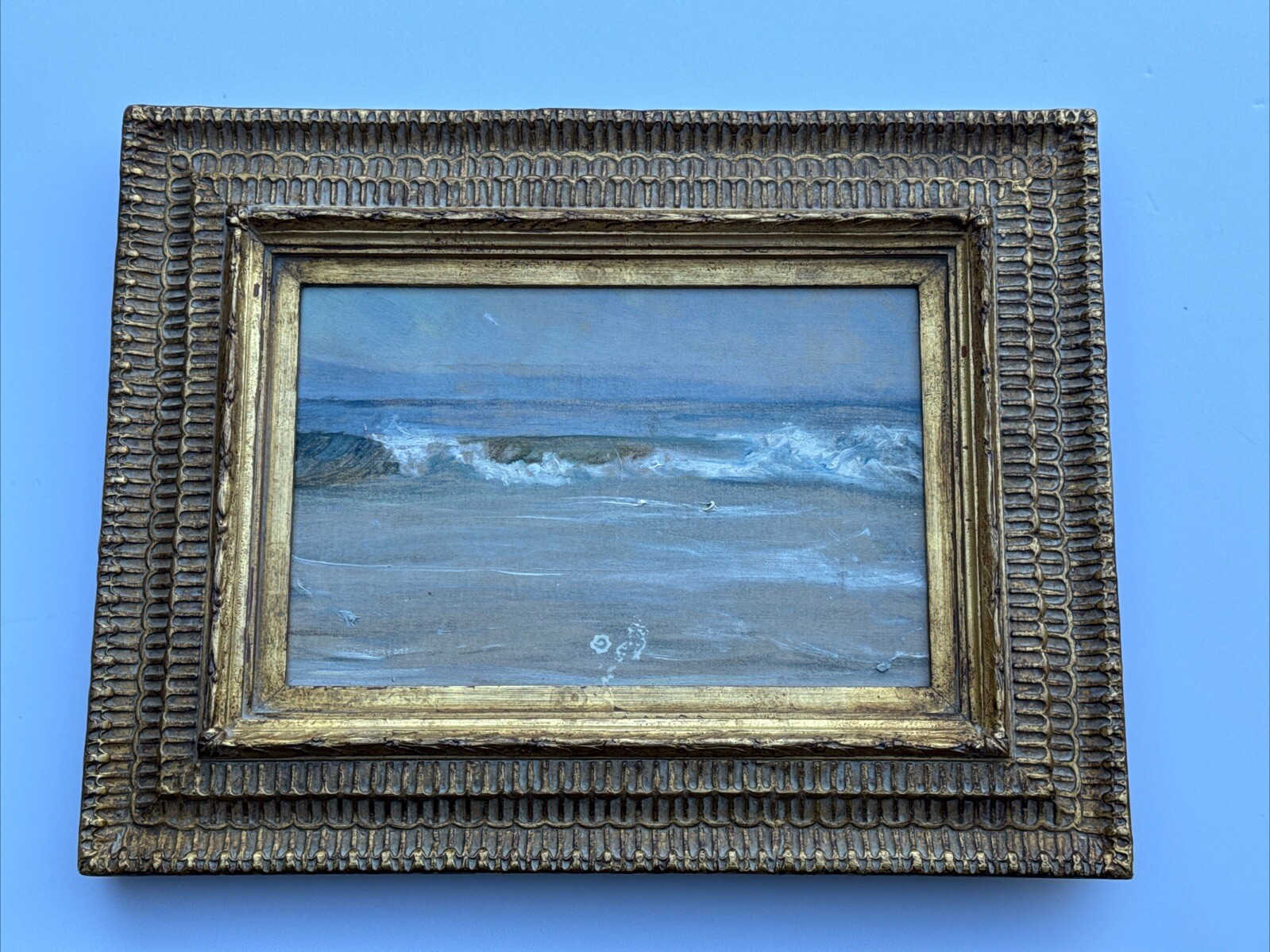 ANTIQUE COASTAL PAINTING BEACH WAVES 1920’S ESTATE STAMPED SIGNATURE MYSTERY SEA