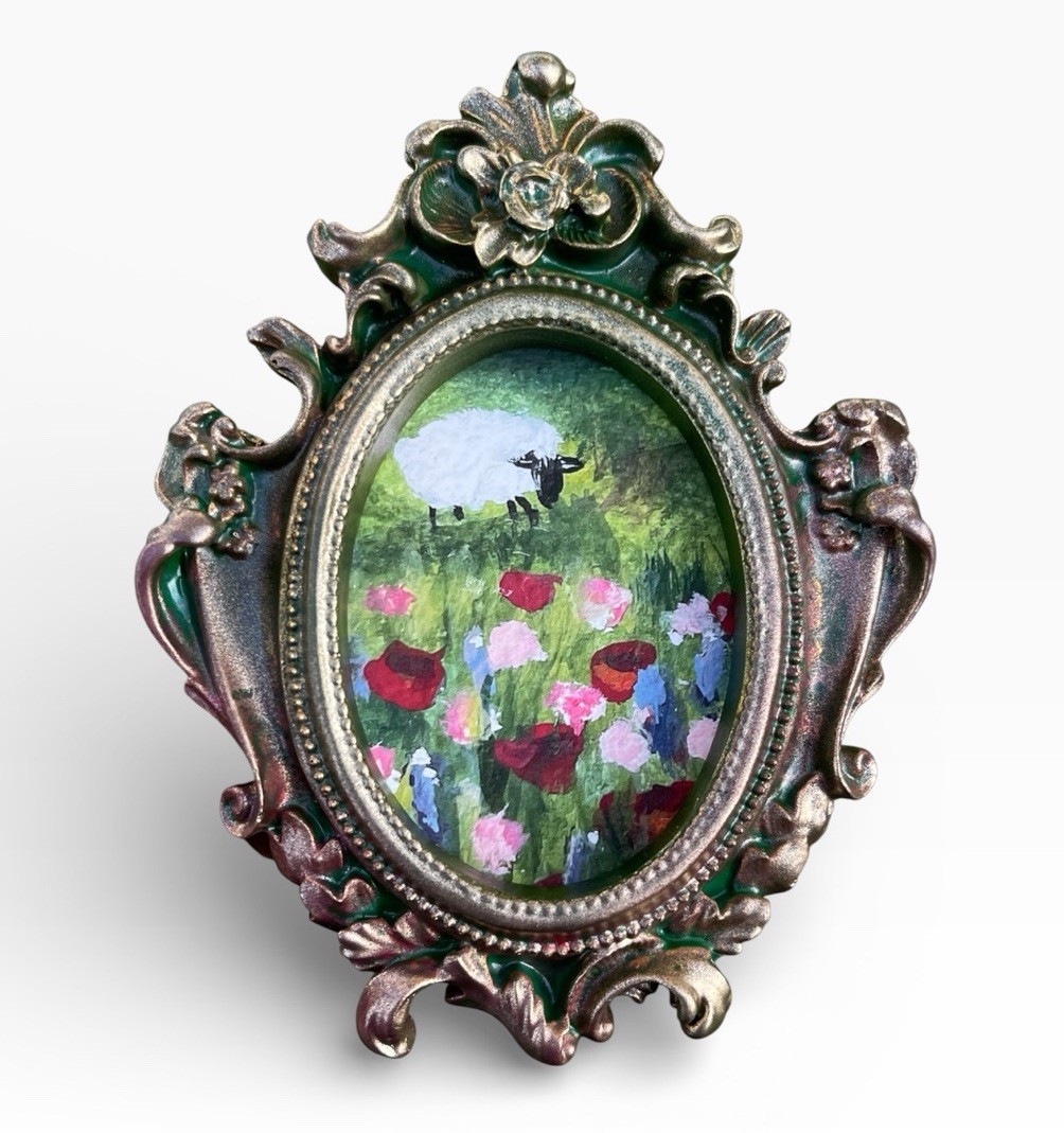 Sheep floral meadow landscape Giclee fine art print in mini vintage style frame