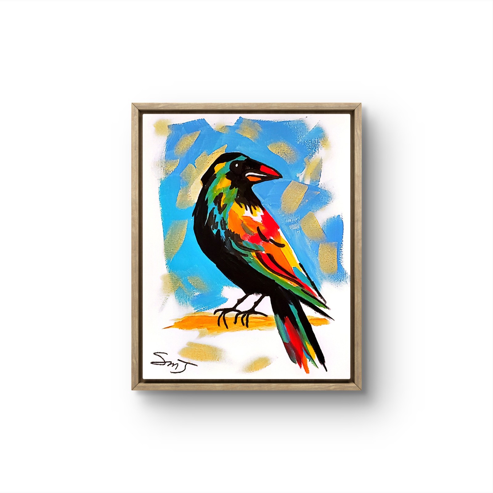 JULIEN Original 11X14 CROW RAINBOW Colorful Modern Art Acrylic Painting Canvas