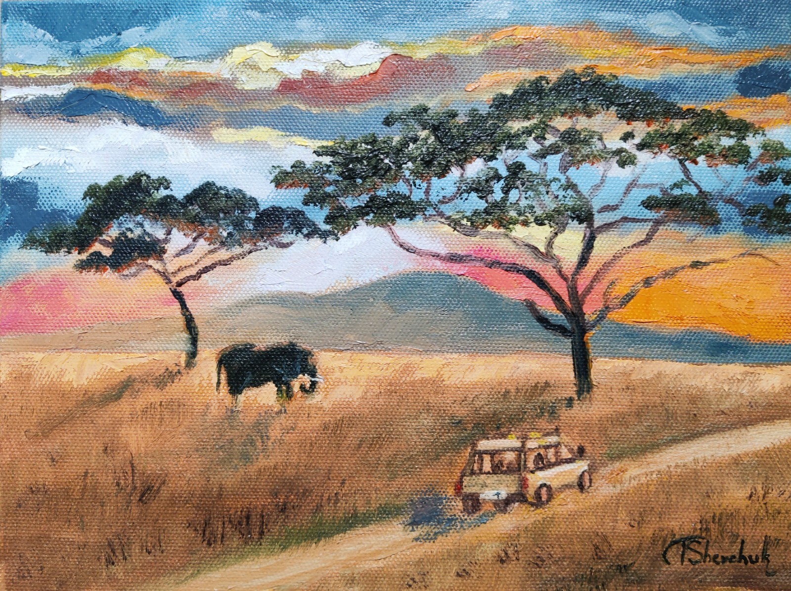 Original Oil Painting Africa Elephant Landscape Tanzania Art Hand Painted 16×12
