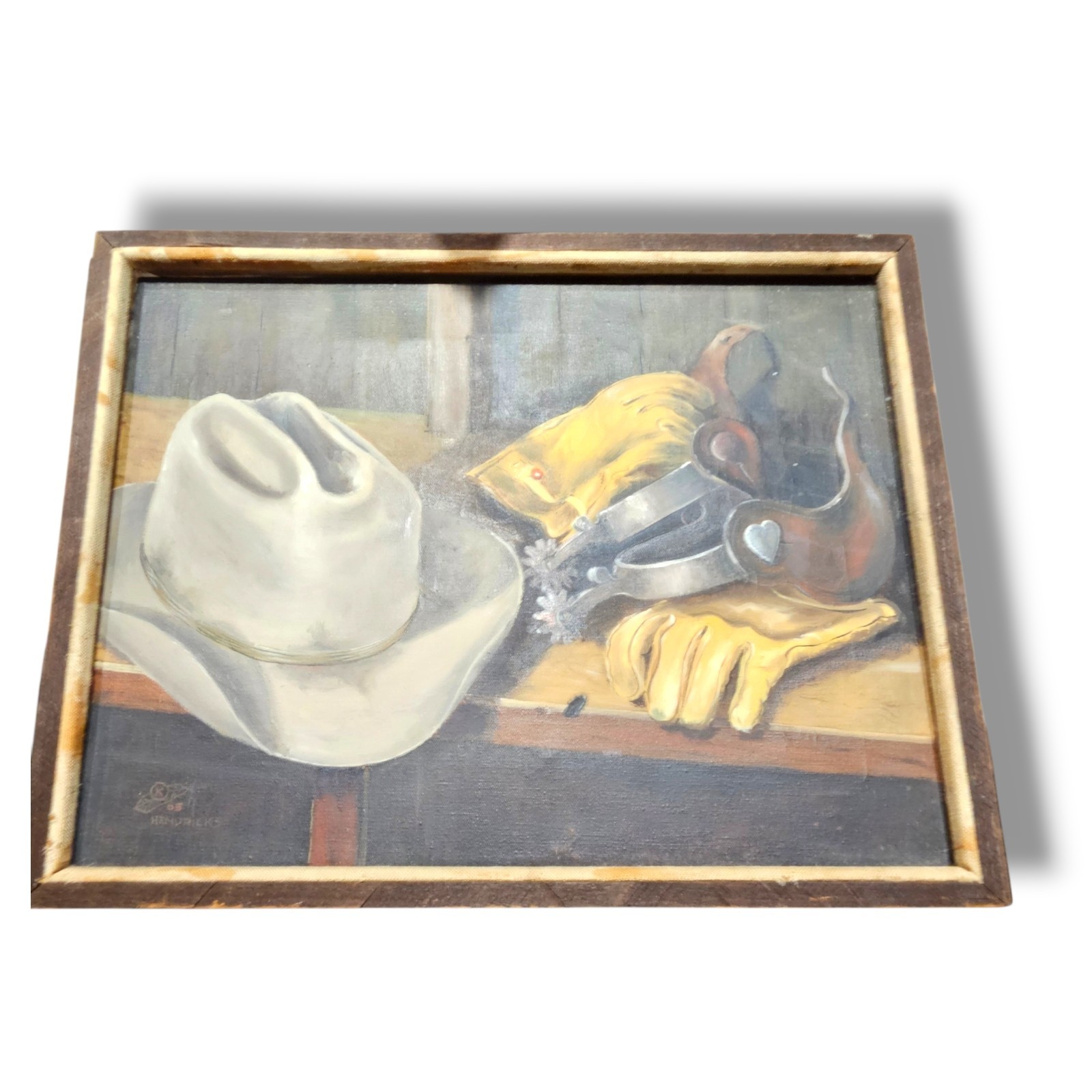 Kay Hendricks OOAK Original Western Cowboy Hat Painting Revolver Rustic Framed
