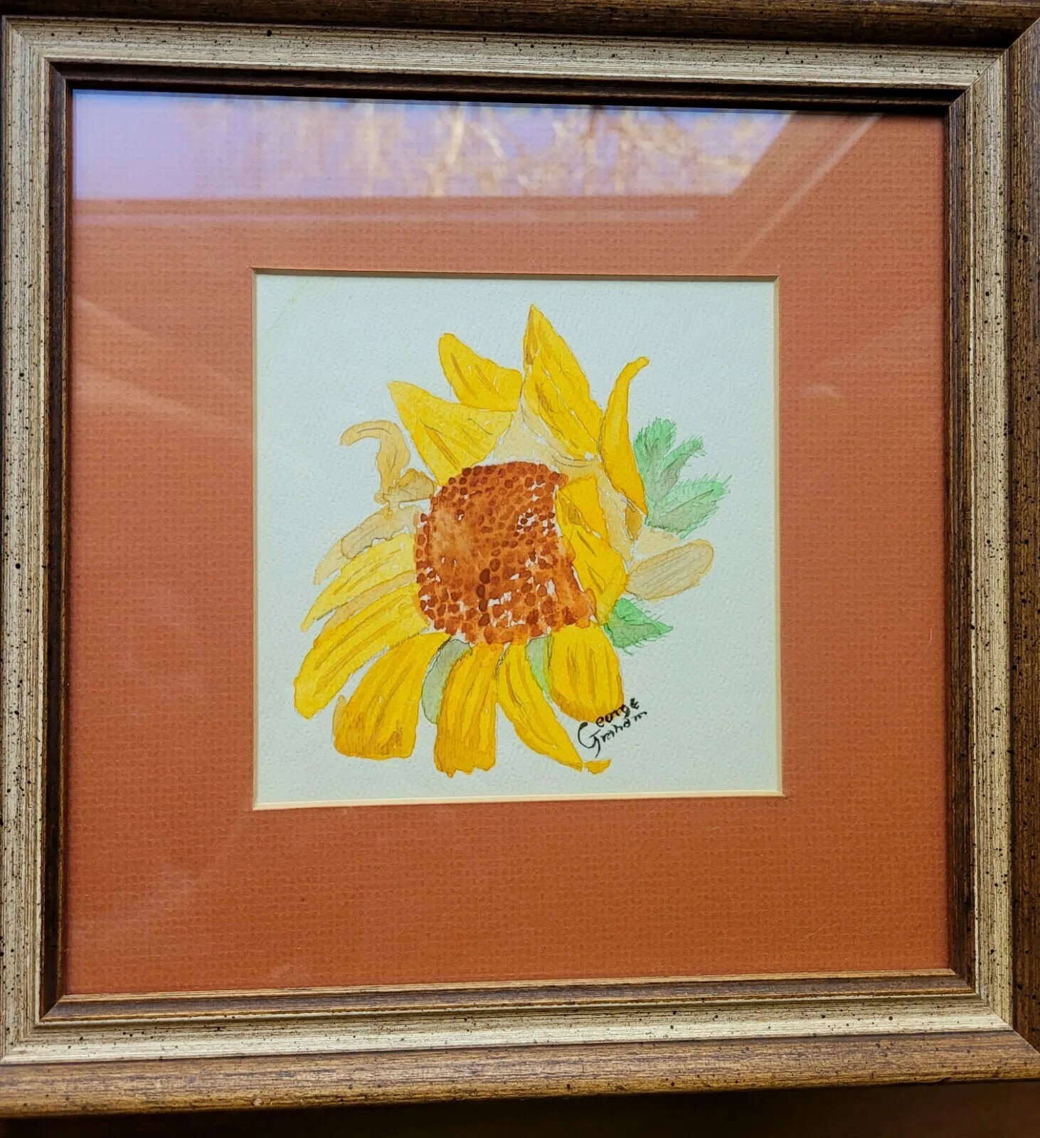 Original Sunflower Watercolor Painting Framed Matted Signed George Graham 11″
