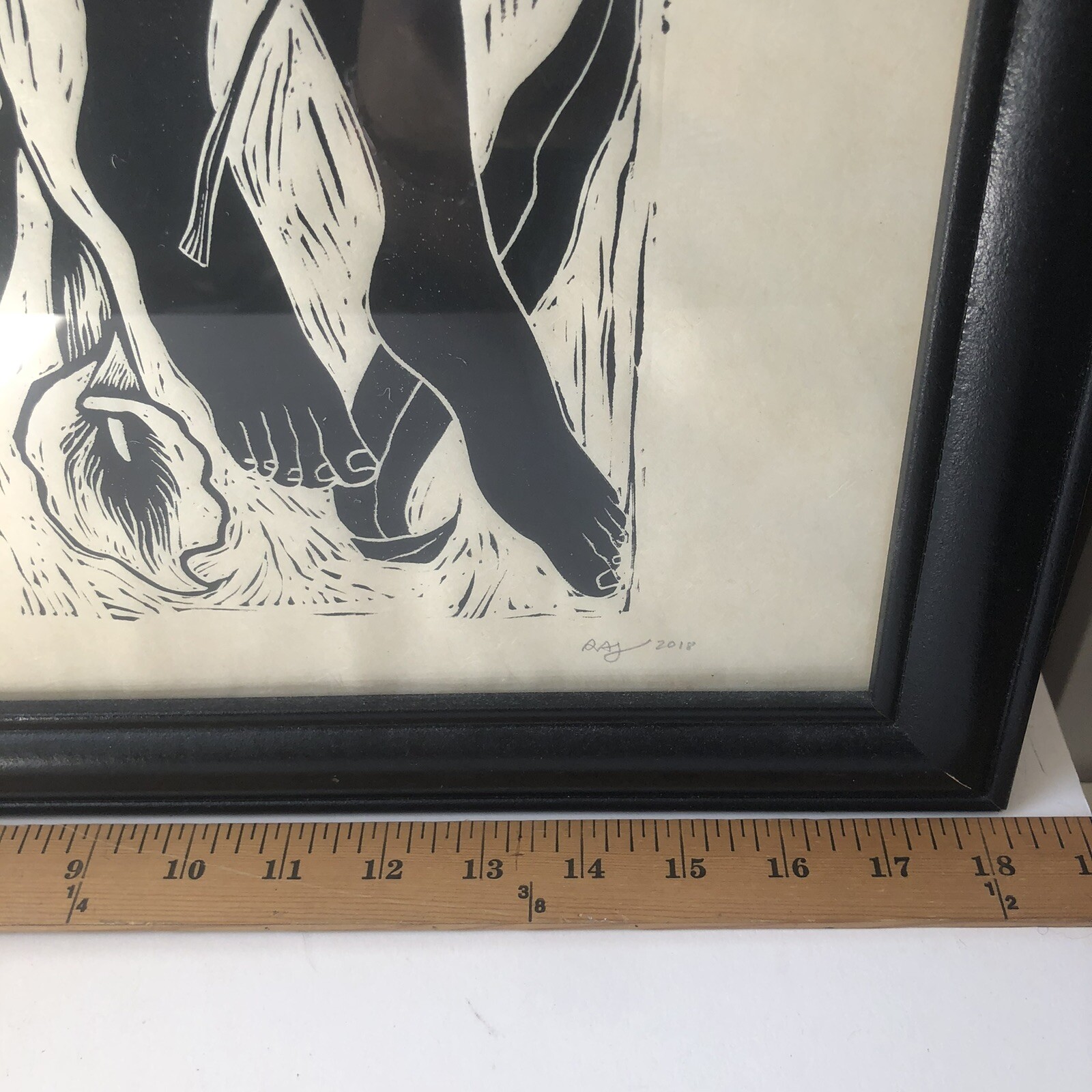Original Art Linocut Print Of Nude Woman & Flowers Wall Hanging 18”x 22” Signed