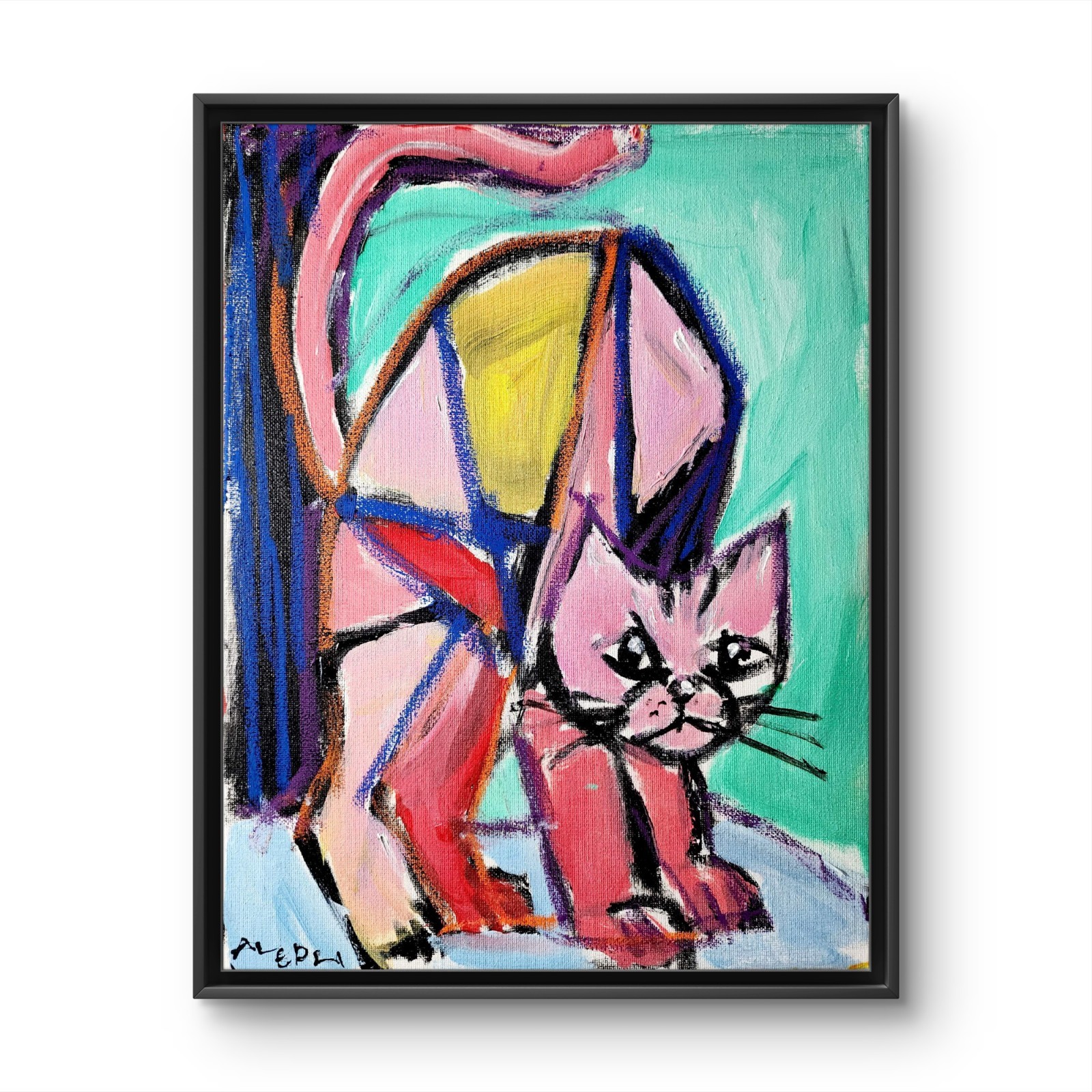 Abstract Expressionism Original Painting Cubism Cat 14×11 Fine Art Canvas Decor