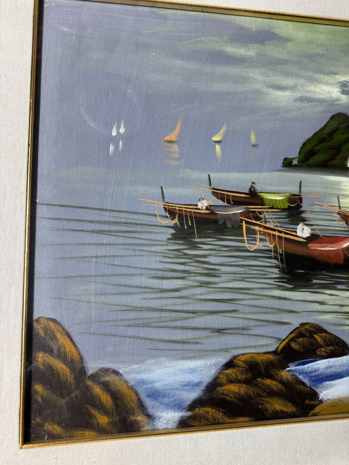 Large M Galaceo “Coastal Landscape With Moored Boats” Oil Painting-Signed/Framed