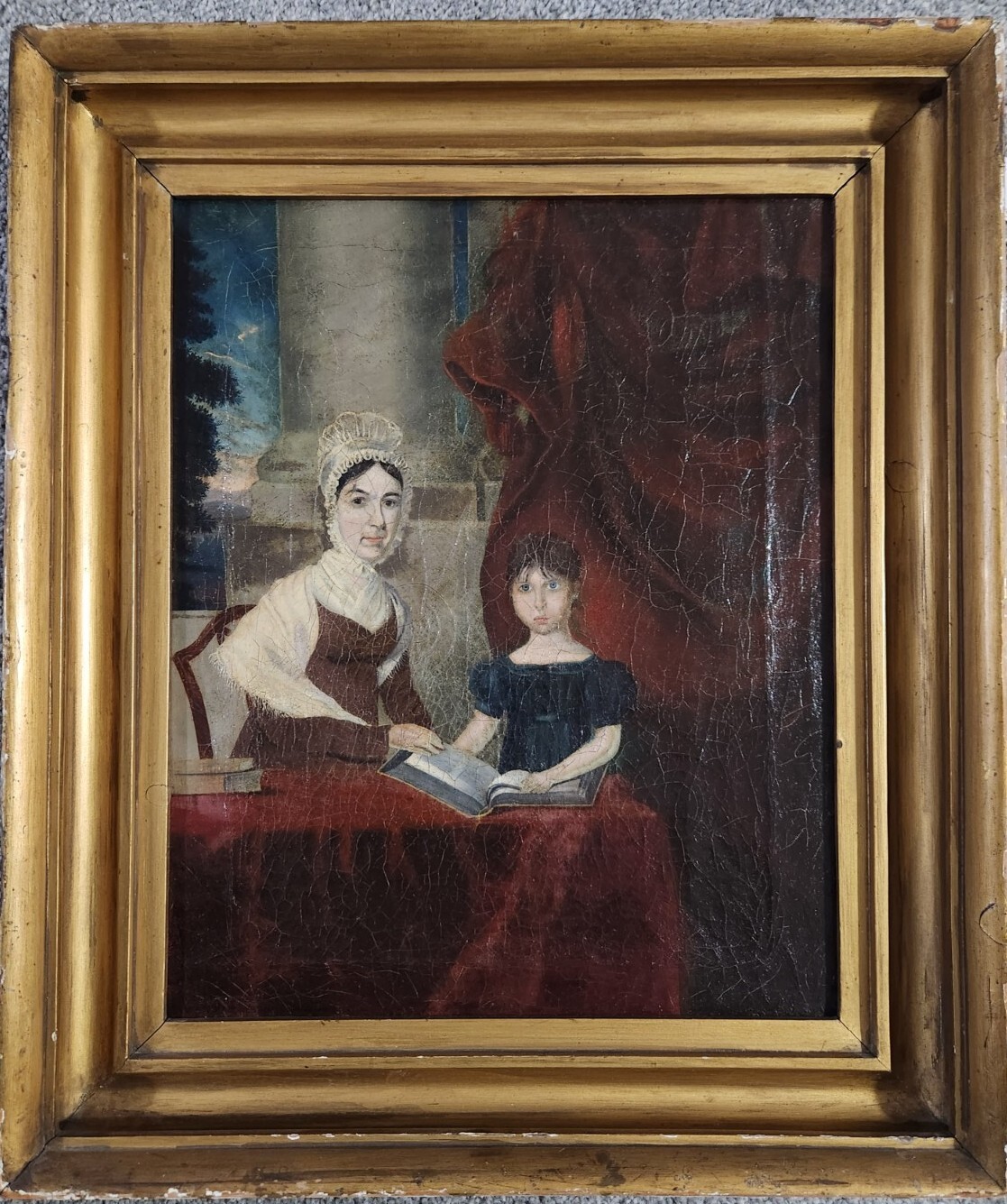 Oil on canvas of mother and daughter with books, American school c. 1815