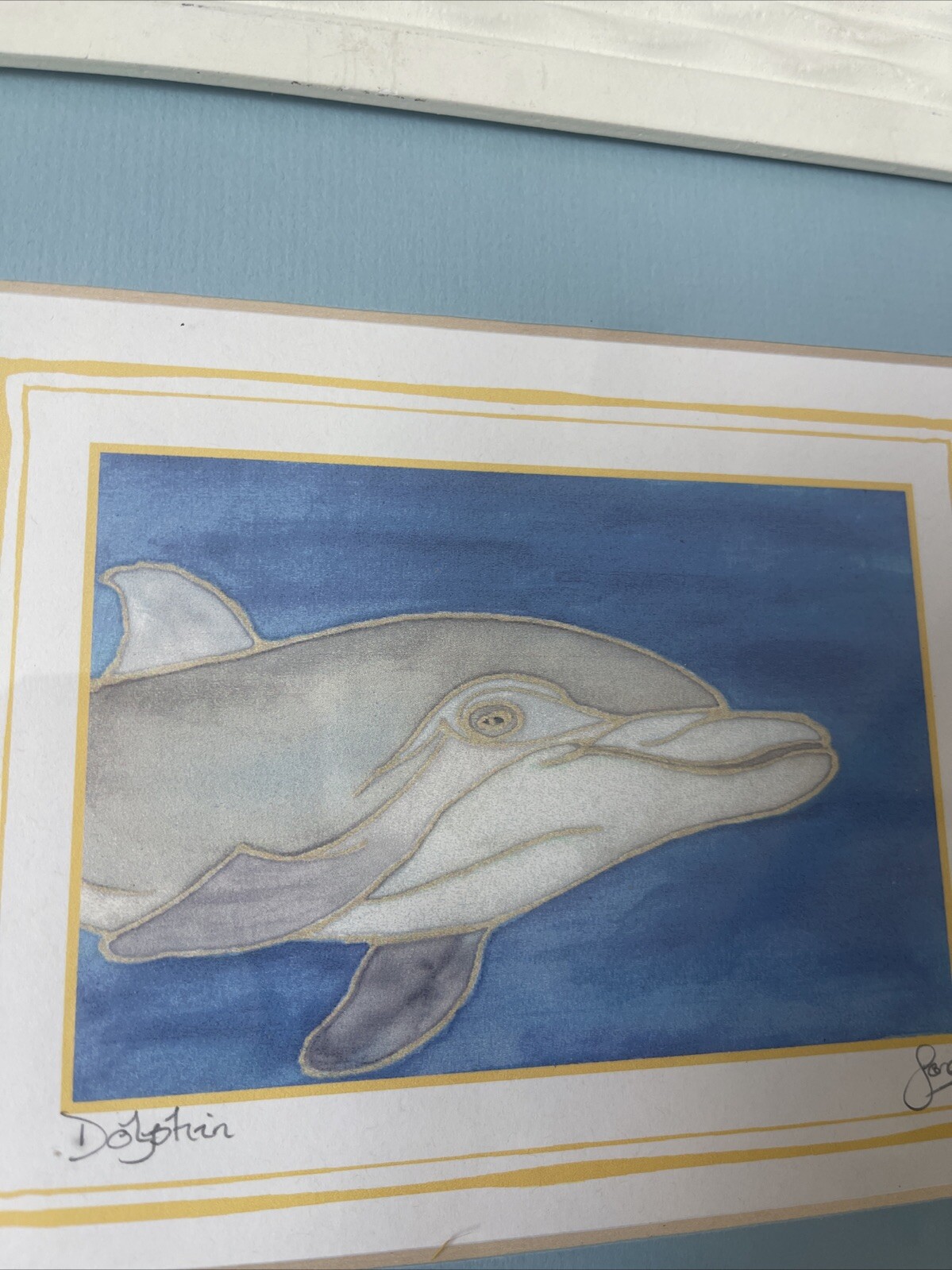 Dolphin Painting Signed Nautical Theme Watercolor Decor Matted Framed 13×11”