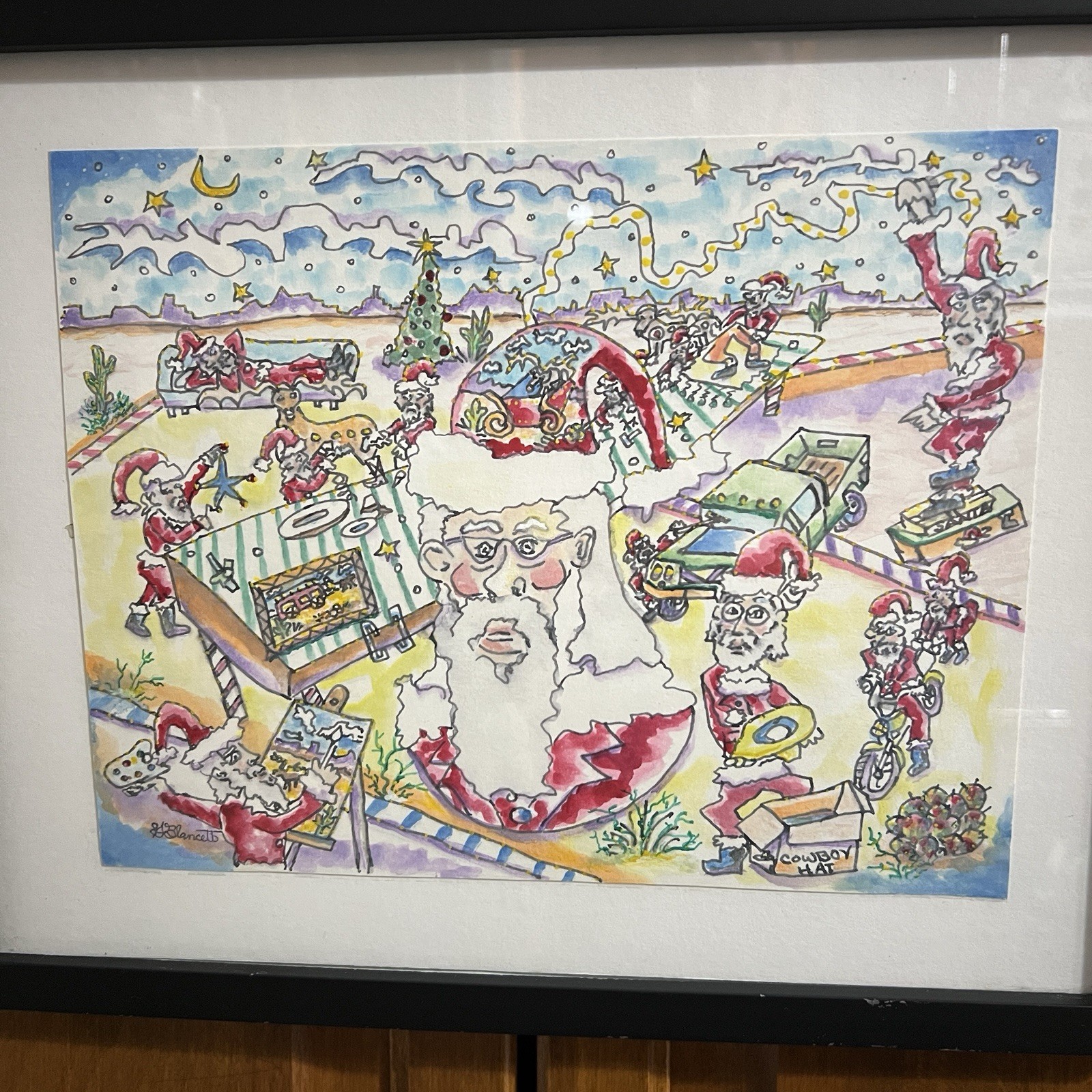 Whimsical Santa Original Watercolor Illustration Framed Holiday Art Signed 2015