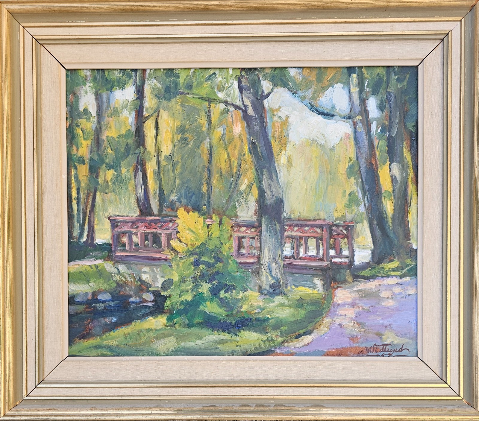 ORIGINAL SCANDINAVIAN MID CENTURY OIL PAINTING PARK BRIDGE LANDSCAPE SIGNED 1954