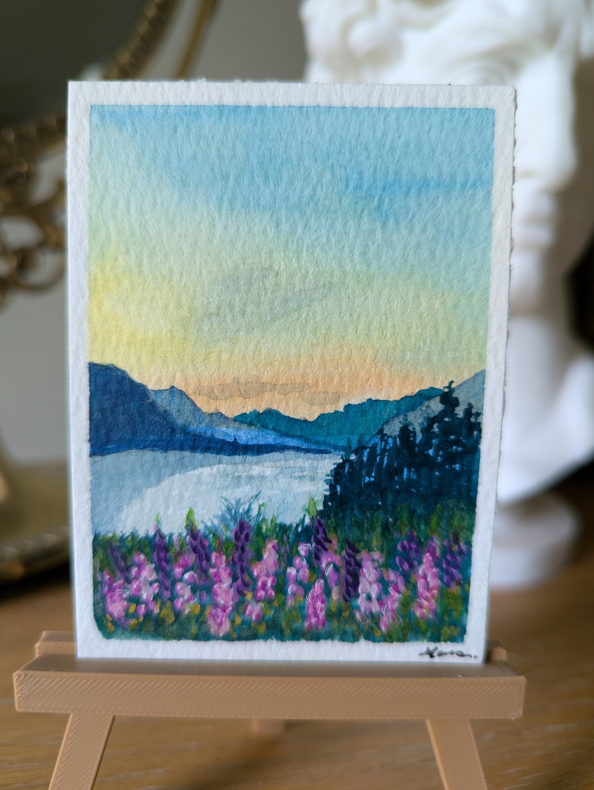 ACEO ATC “Sunset Woss lake” original painted watercolor art sealed 300g cotton.