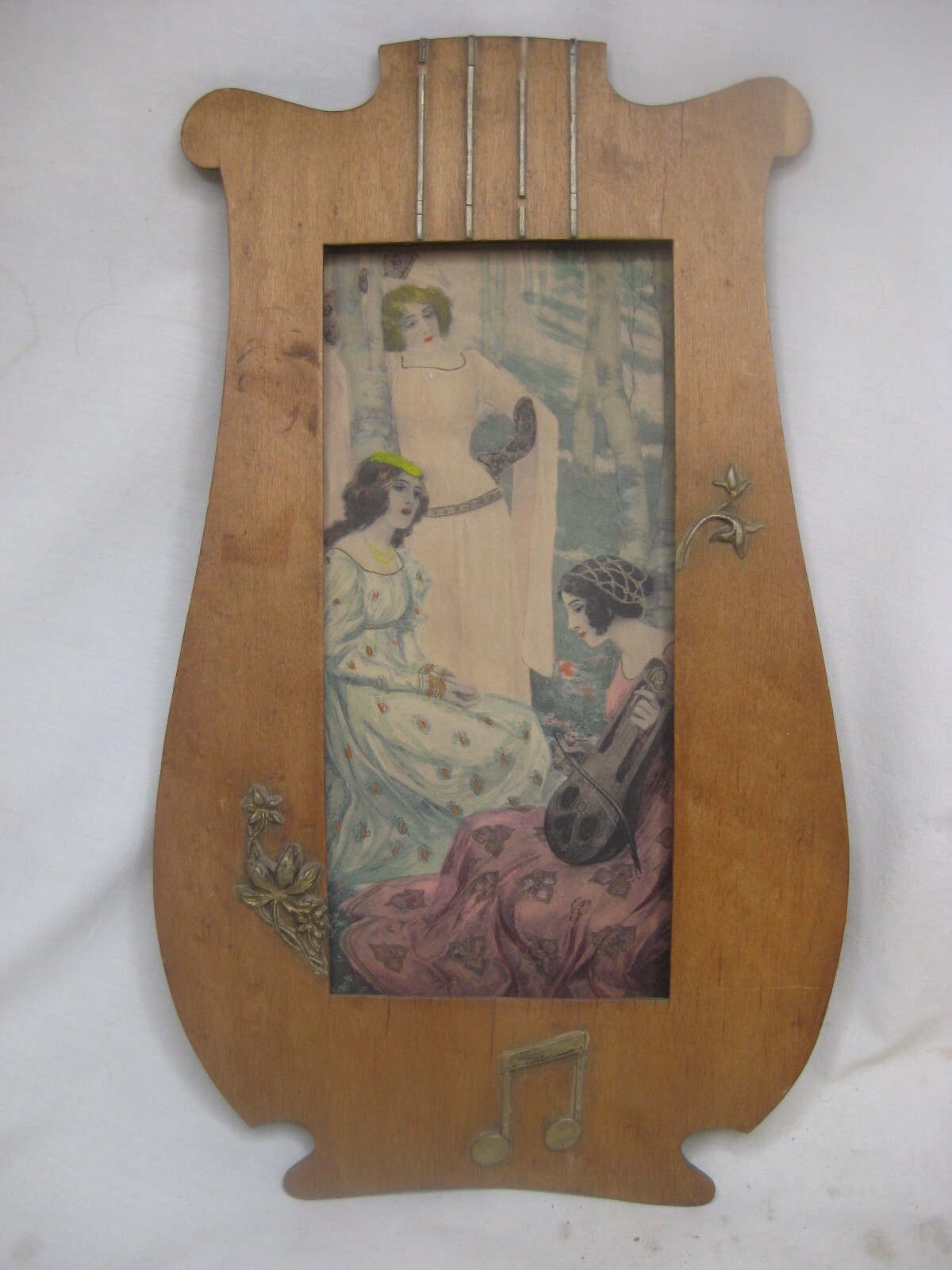 antique framed art painting beautiful watercolor Art Nouveau wood frame harp*
