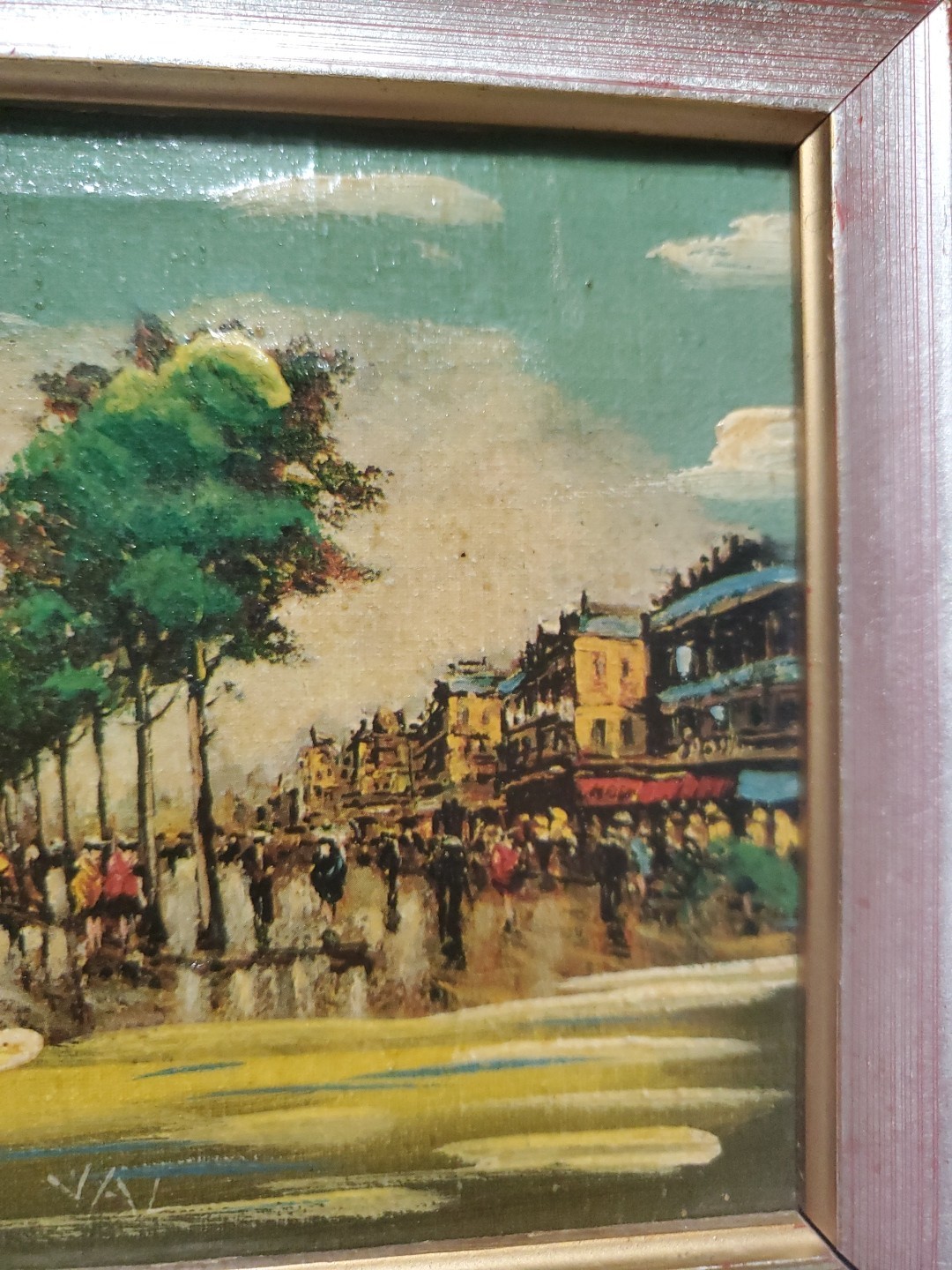 Vtg Spanish Hand Painted Oil Painting Paris Street Scene 8″ Gold Leaf Montmartre