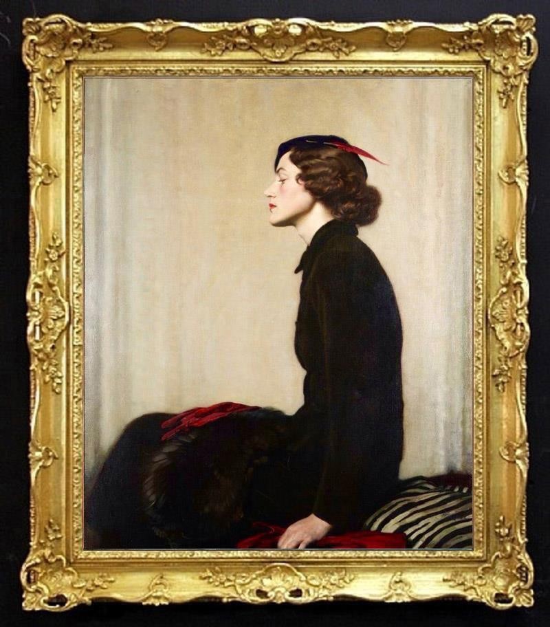 Vintage Art Deco Woman In Black Dress Portrait Oil Painting Classic Female Art