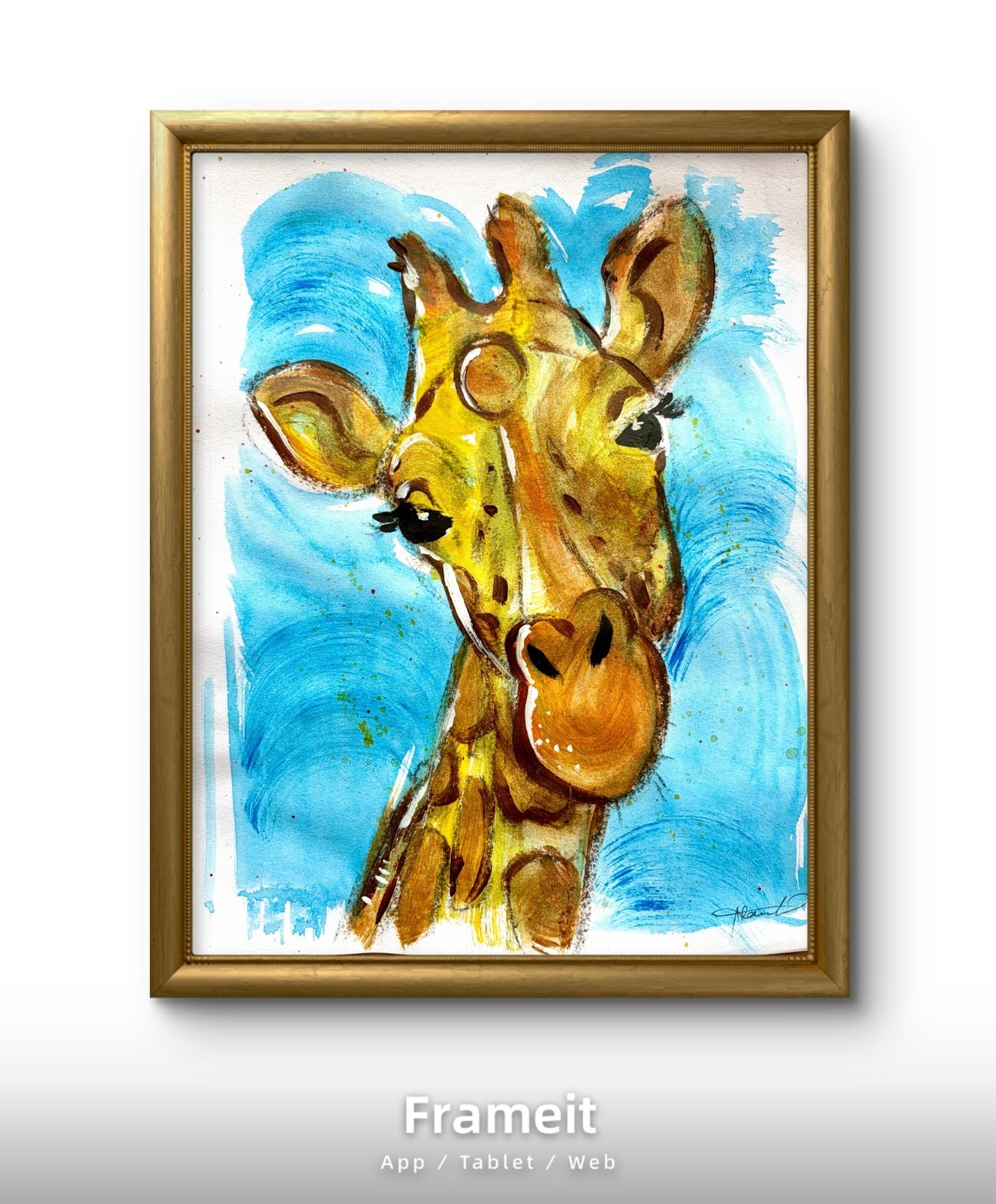 Original Giraffe Blue Painting By Alannah Dyer- Acrylic 8.5×11 in. Africa Animal
