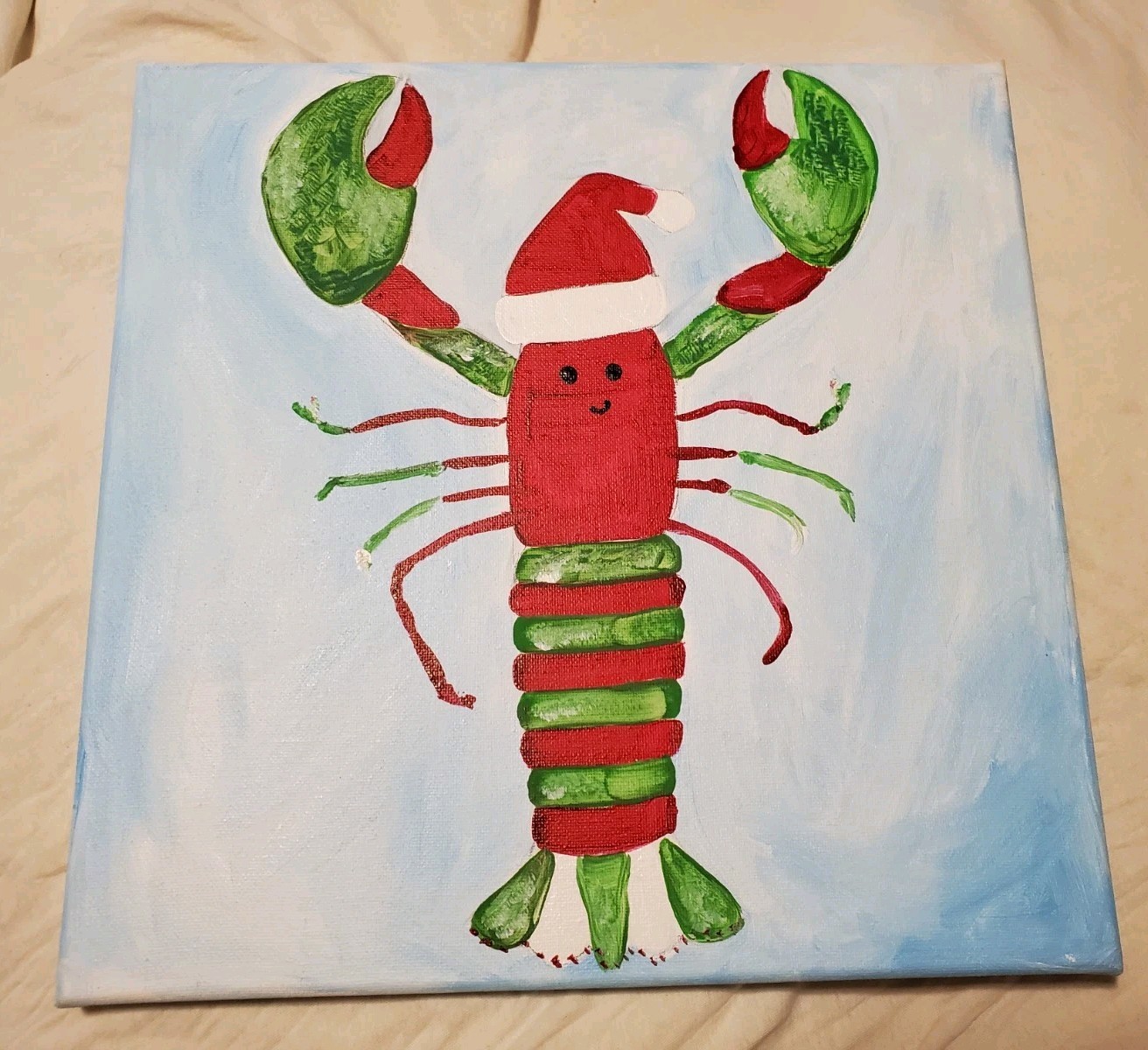 Super Rare Find Lobster Christmas Santa Hat Hand Painted Art Canvas 12″x12″ Wood