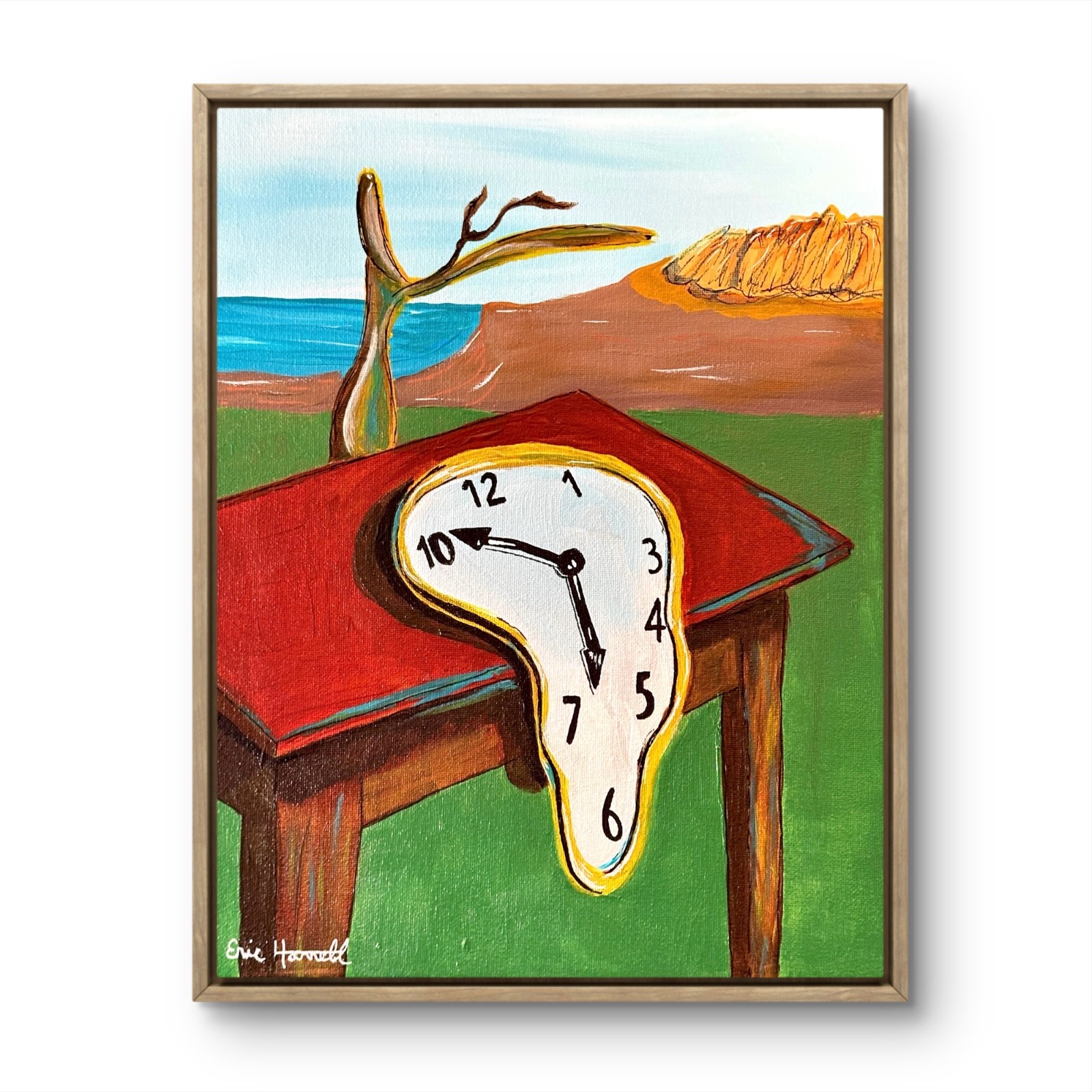 Original Clock Melting Art 14×11 Canvas Bold Abstract Surrealist Signed Painting