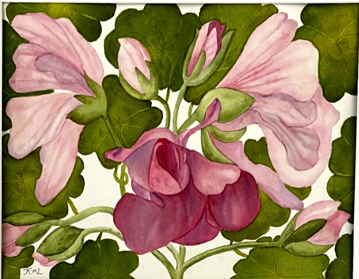 PAINTING WATERCOLOR ORIGINAL ART GERANIUM FLOWERS PINK LAVENDER 11X14 MAT 16X20