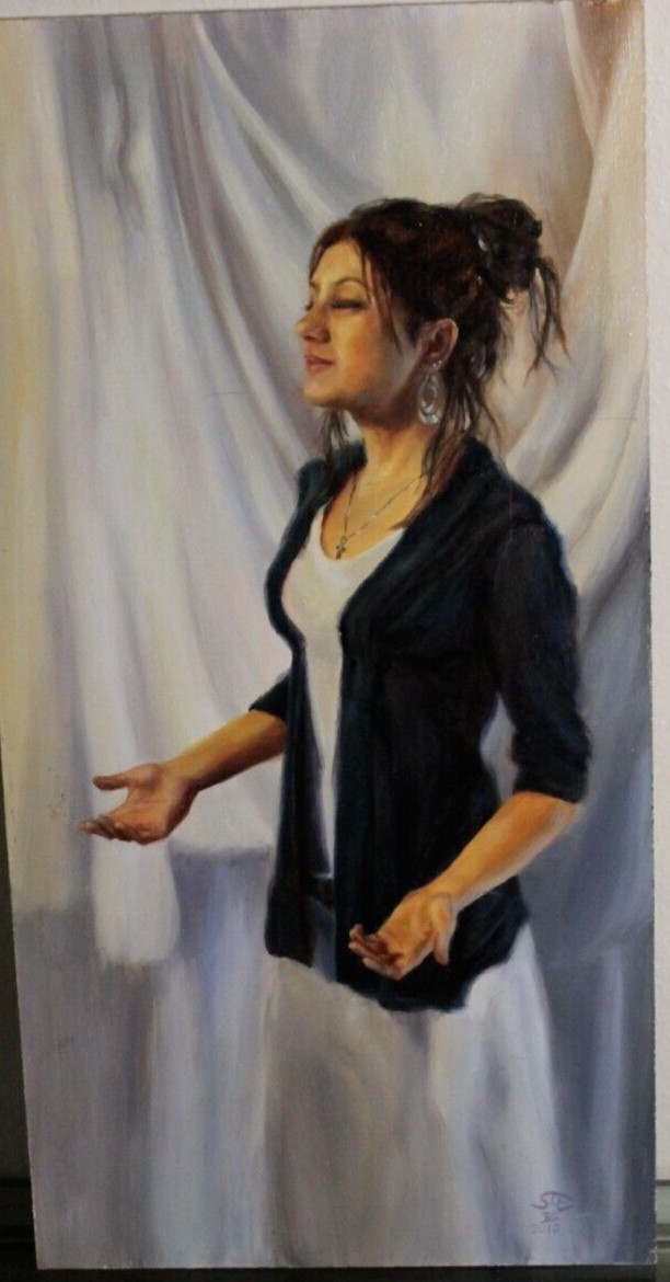 Young Lady at Worship Acrylic on Wood 2010 by BG ST E 12×24 w-w/o Frame