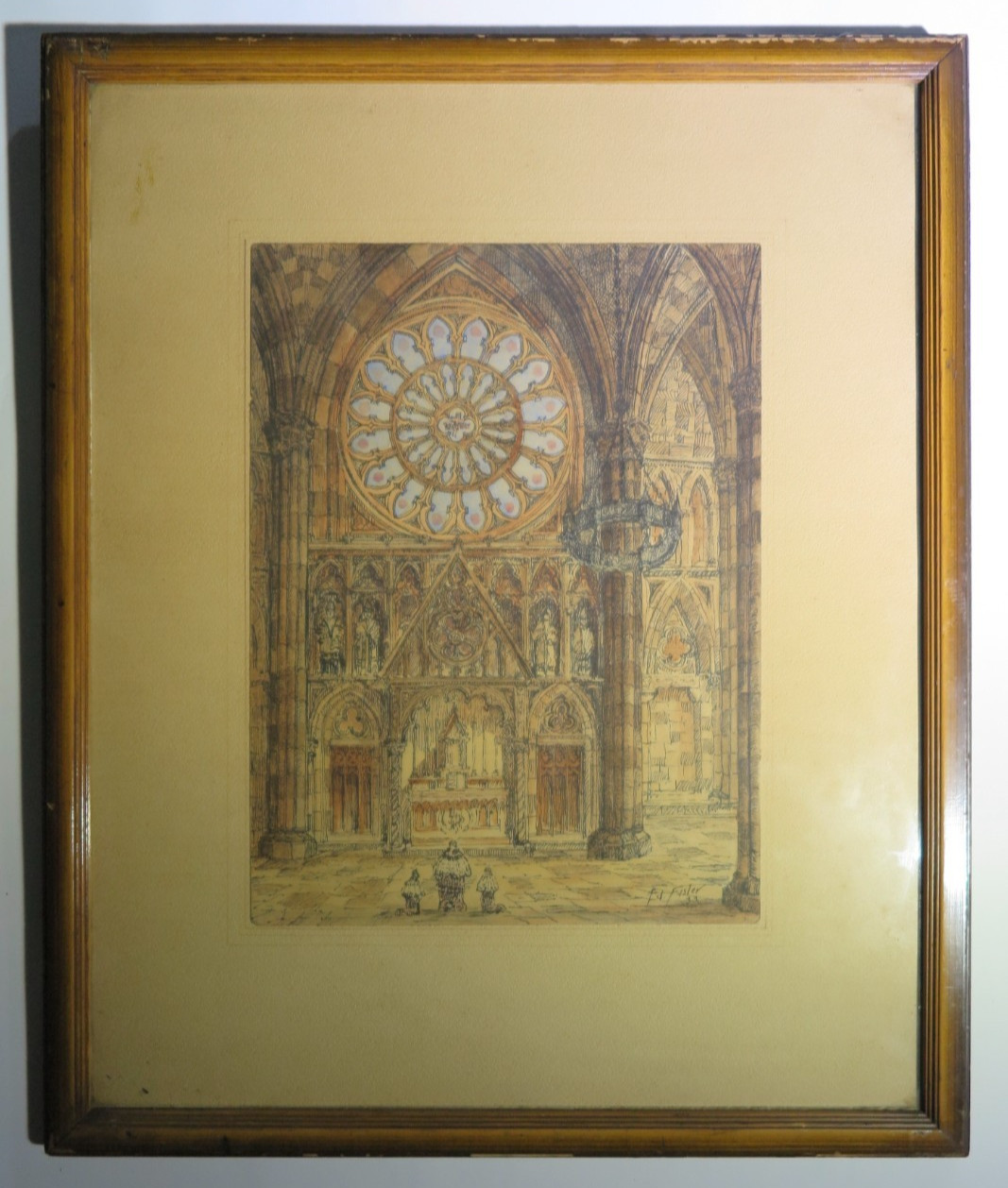 Vintage Gothic Cathedral Illustration Signed Ed Fisler 1933 Ink and Watercolor