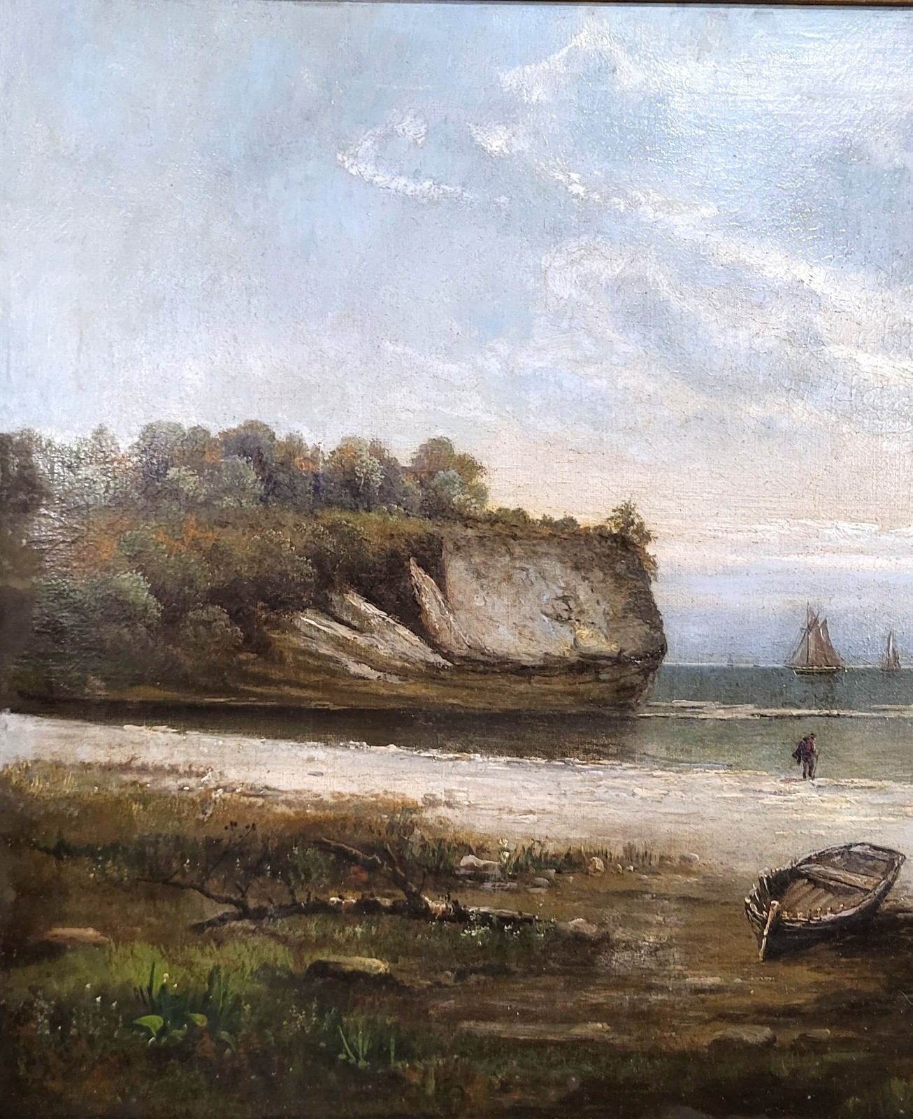 X-Large ANTIQUE Gilt Framed 19th C SEASCAPE Coastal SAILBOAT Scene OIL PAINTING