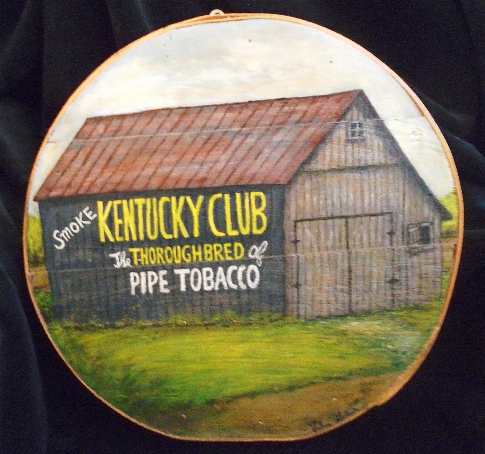 Primitive Round Wood Box Lid Painting Barn Advertising Kentucky Club Tobacco