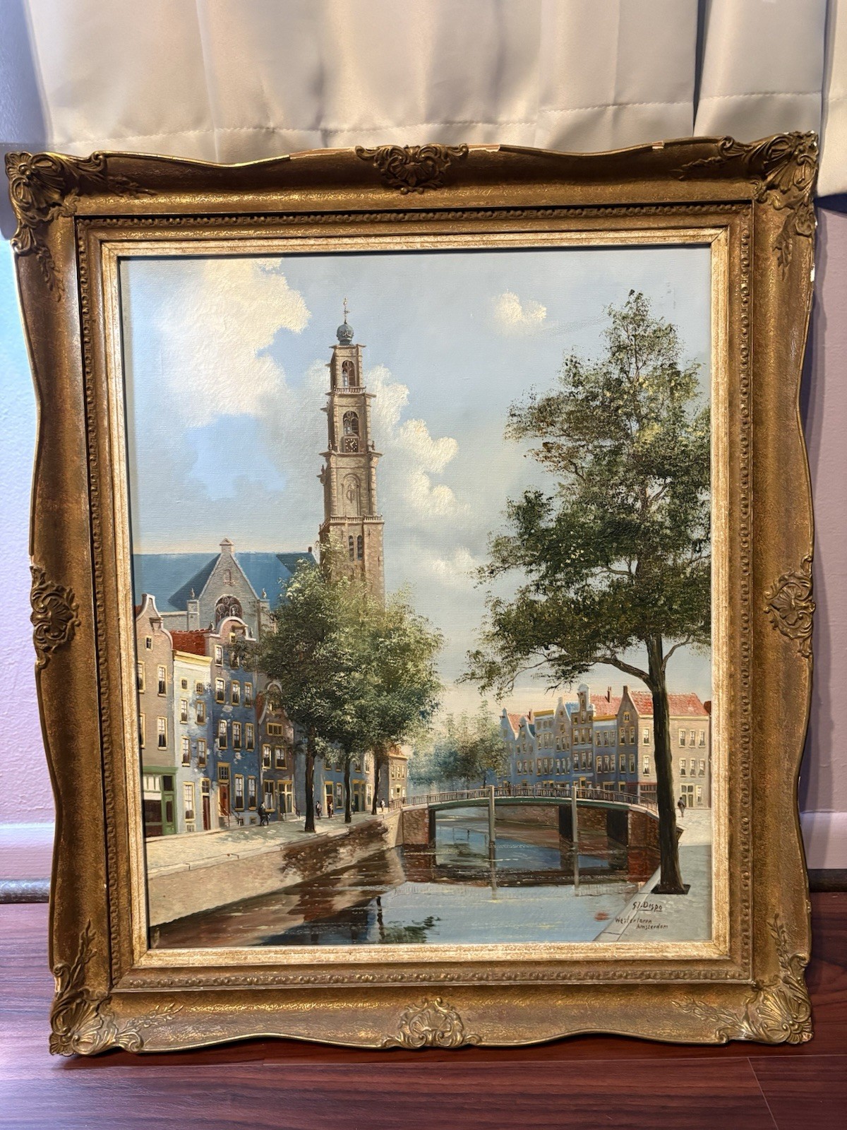 S.J. Dispo oil on canvas: Westertoren Amsterdam canal scene, framed vintage gold