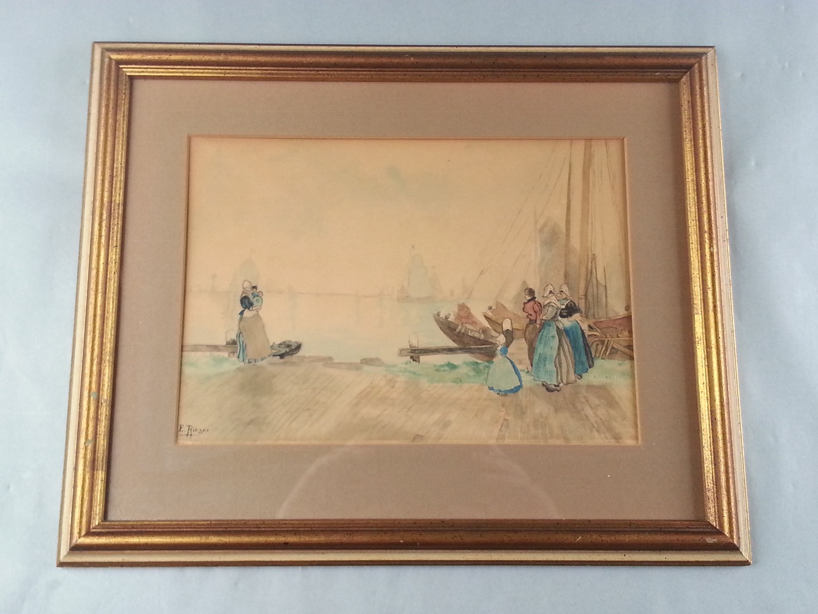 Vintage E. Elsie Rieger Signed Original Watercolor Painting Dutch Harbor Framed