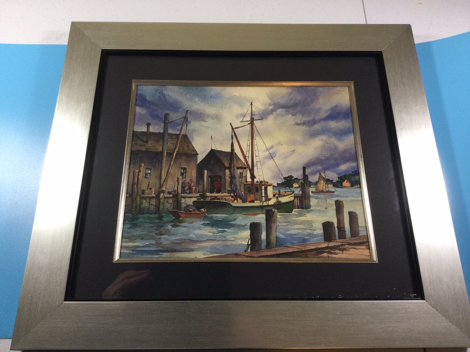 John Cuthbert Hare original signed Gloucester Harbor Gouache Painting