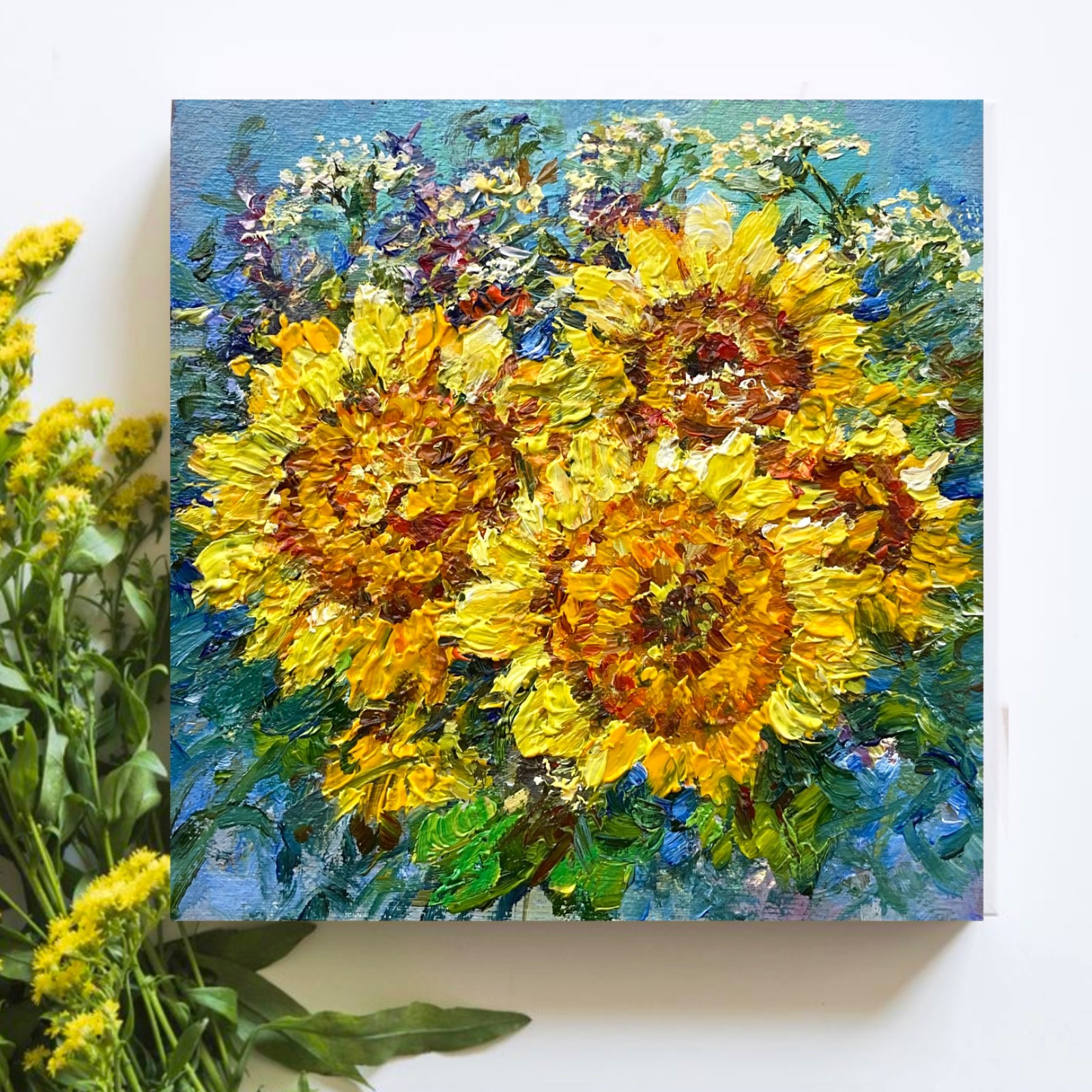 Oil Painting Sunflower Impressionism Original Textured Impasto Floral Art 6x6in