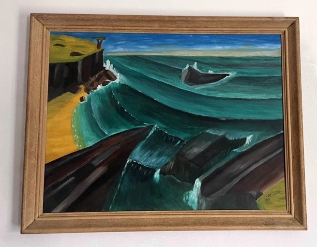 Vintage 1964 Coastal Seascape Painting Signed L.E.Greenleaf Framed Mid Century