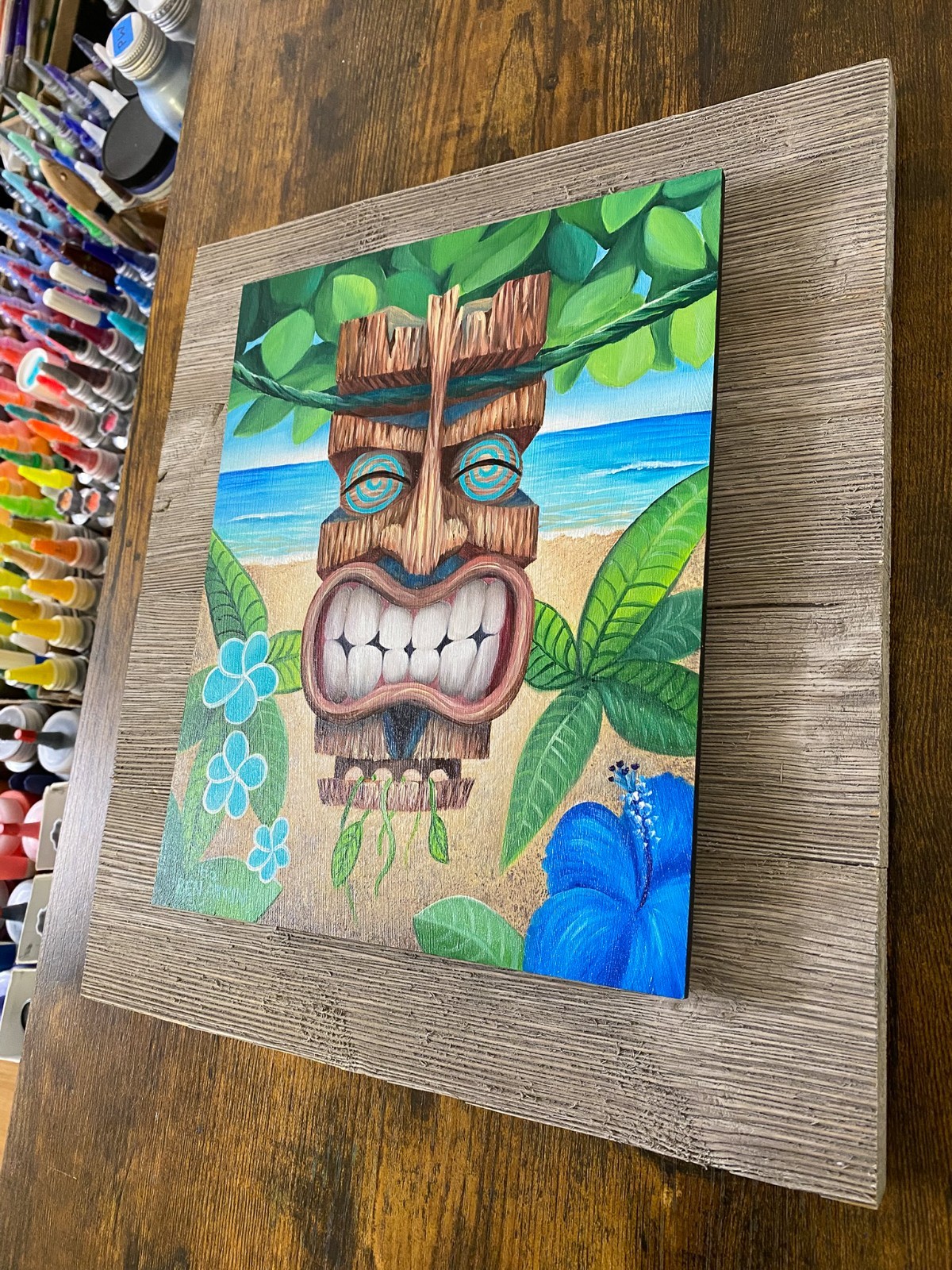 Tiki Painting Original Oil on Panel 8×10″ Blue Flower Beach Tiki – Framed 12×13″