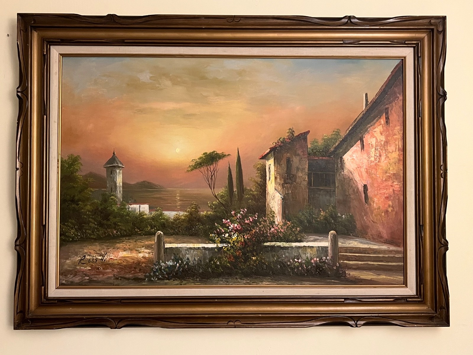 Framed Original oil on canvas signed by Rossini , Coastal Italian Villa 44×31.5”