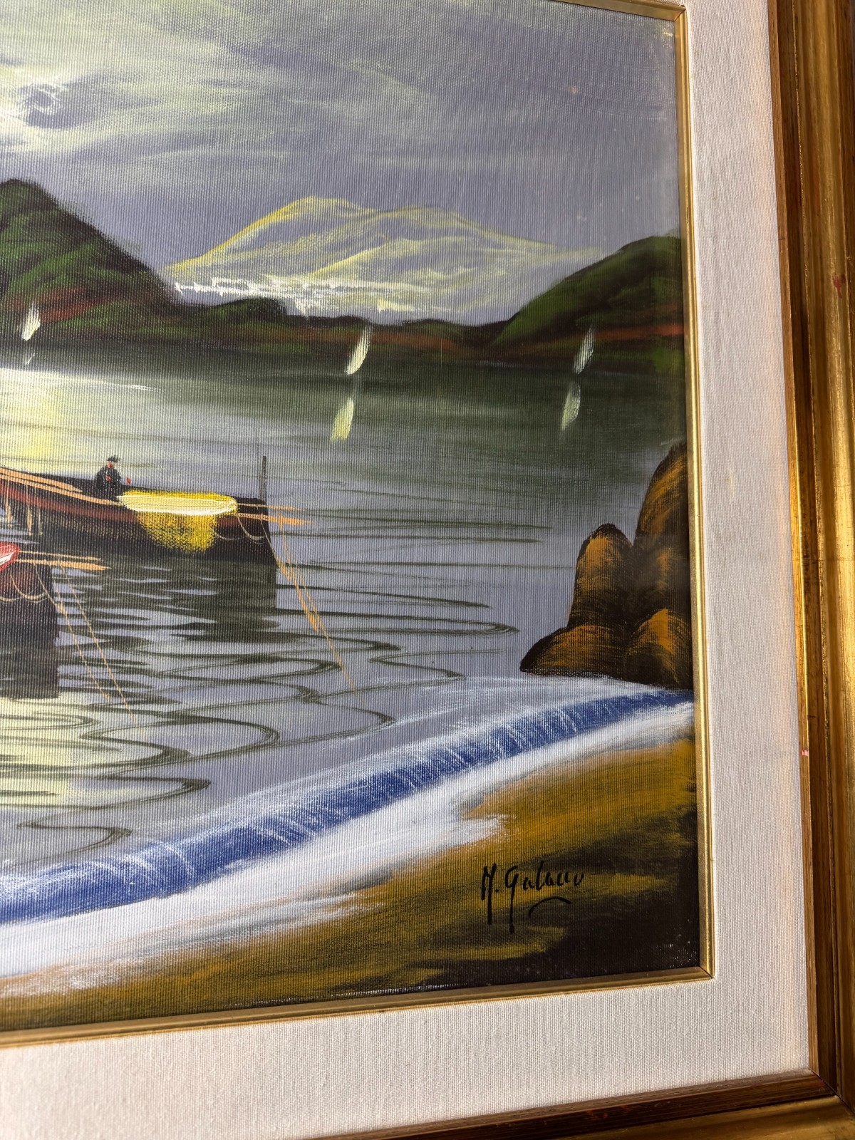 Large M Galaceo “Coastal Landscape With Moored Boats” Oil Painting-Signed/Framed