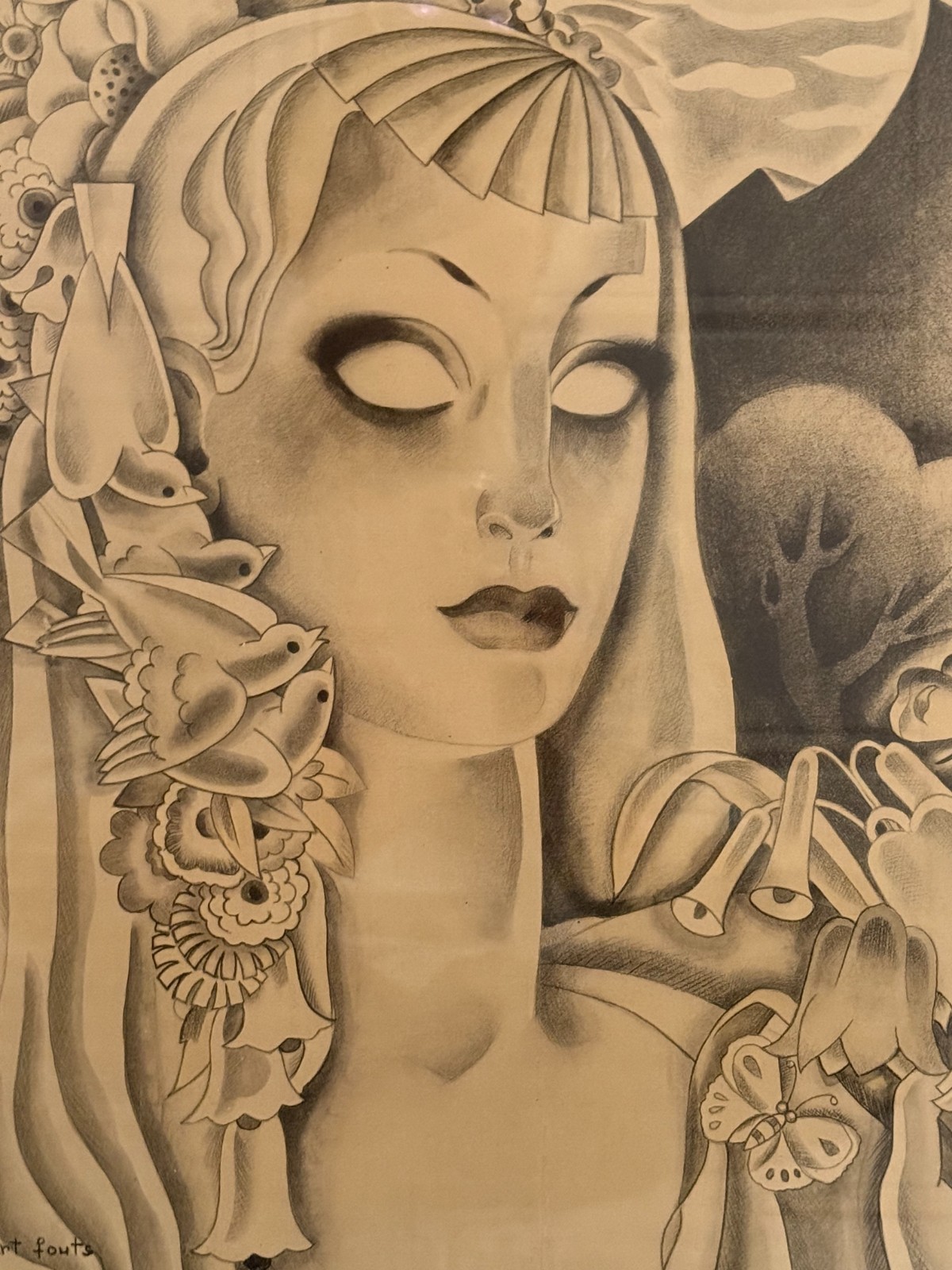 HERBERT FOUTS, fantasy dark magic beautiful woman. Birds. framed work on paper