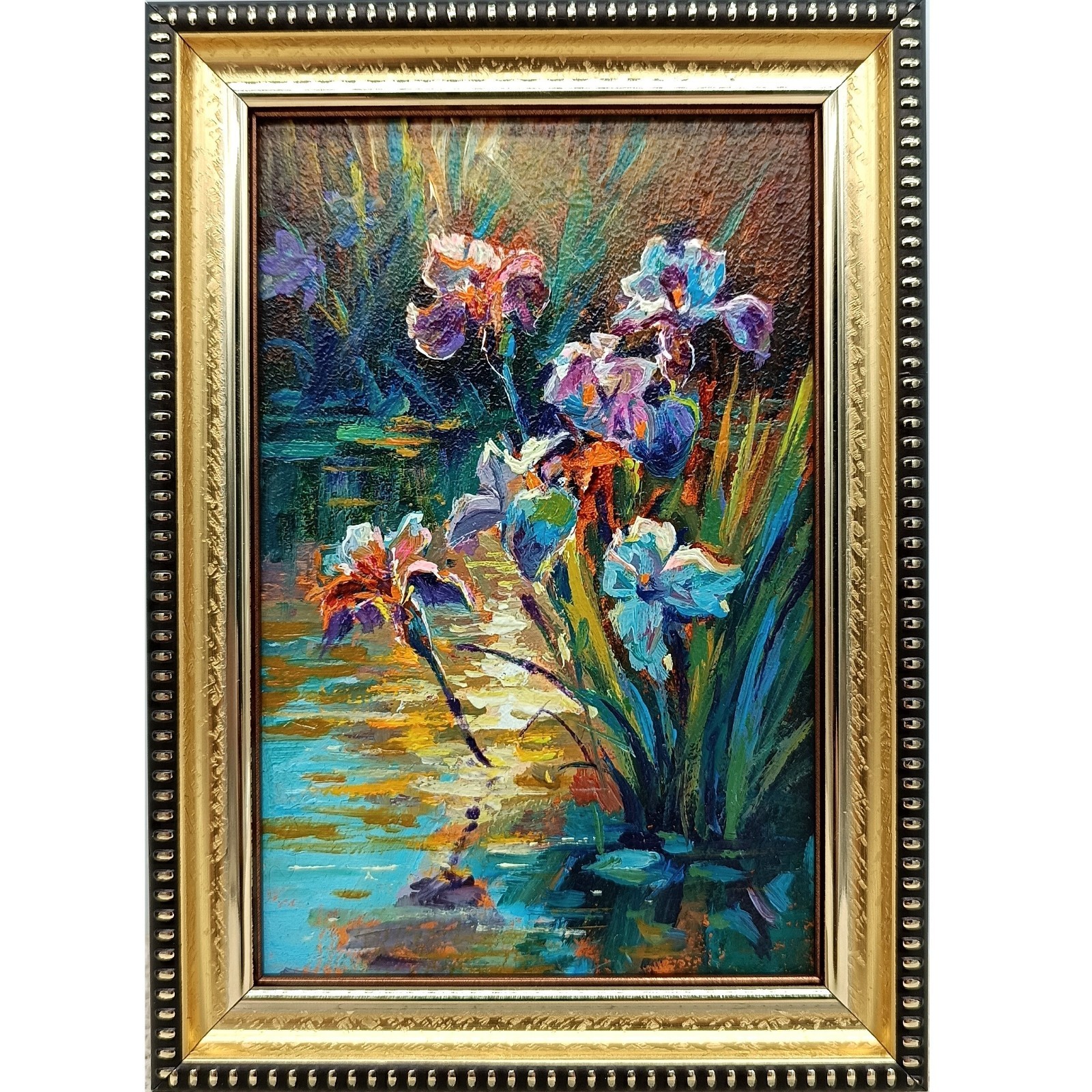 Iris Original Oil Painting 4×6 Framed Signed Floral Pond Landscape Monet Art