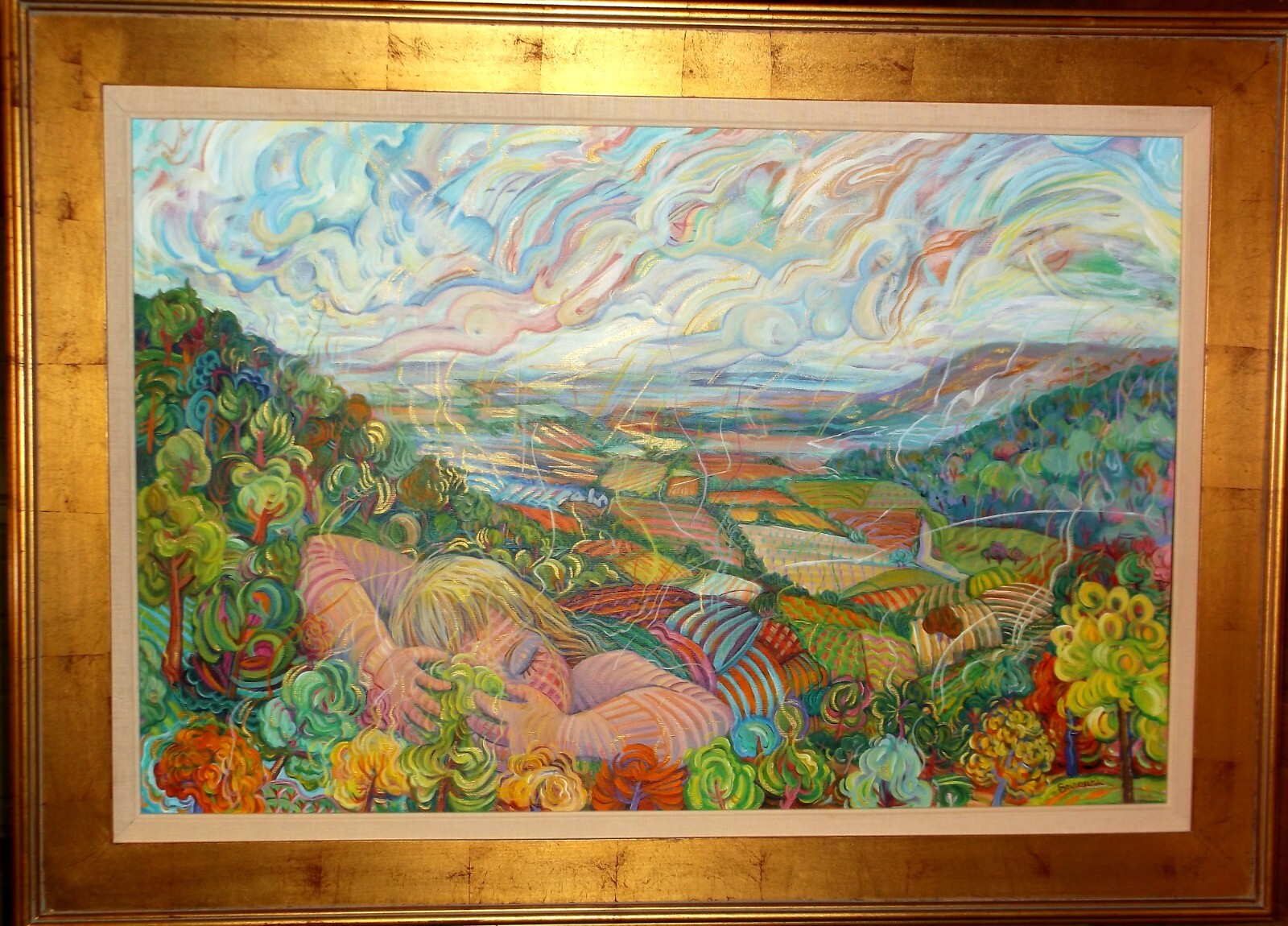 Judy Suroweic acrylic painting 32 in x 44 in framed. “Mountain Love”