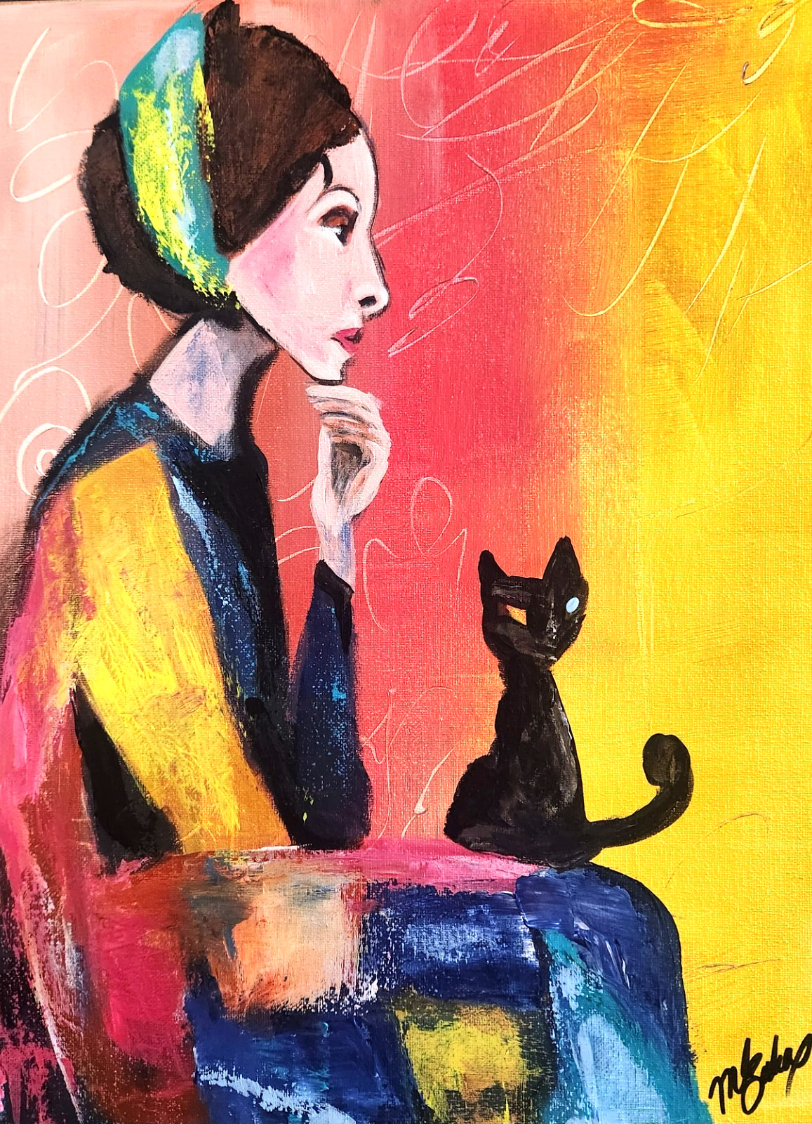 Modern Woman Cat Painting 12×16 Original Figurative Wall Art Decor