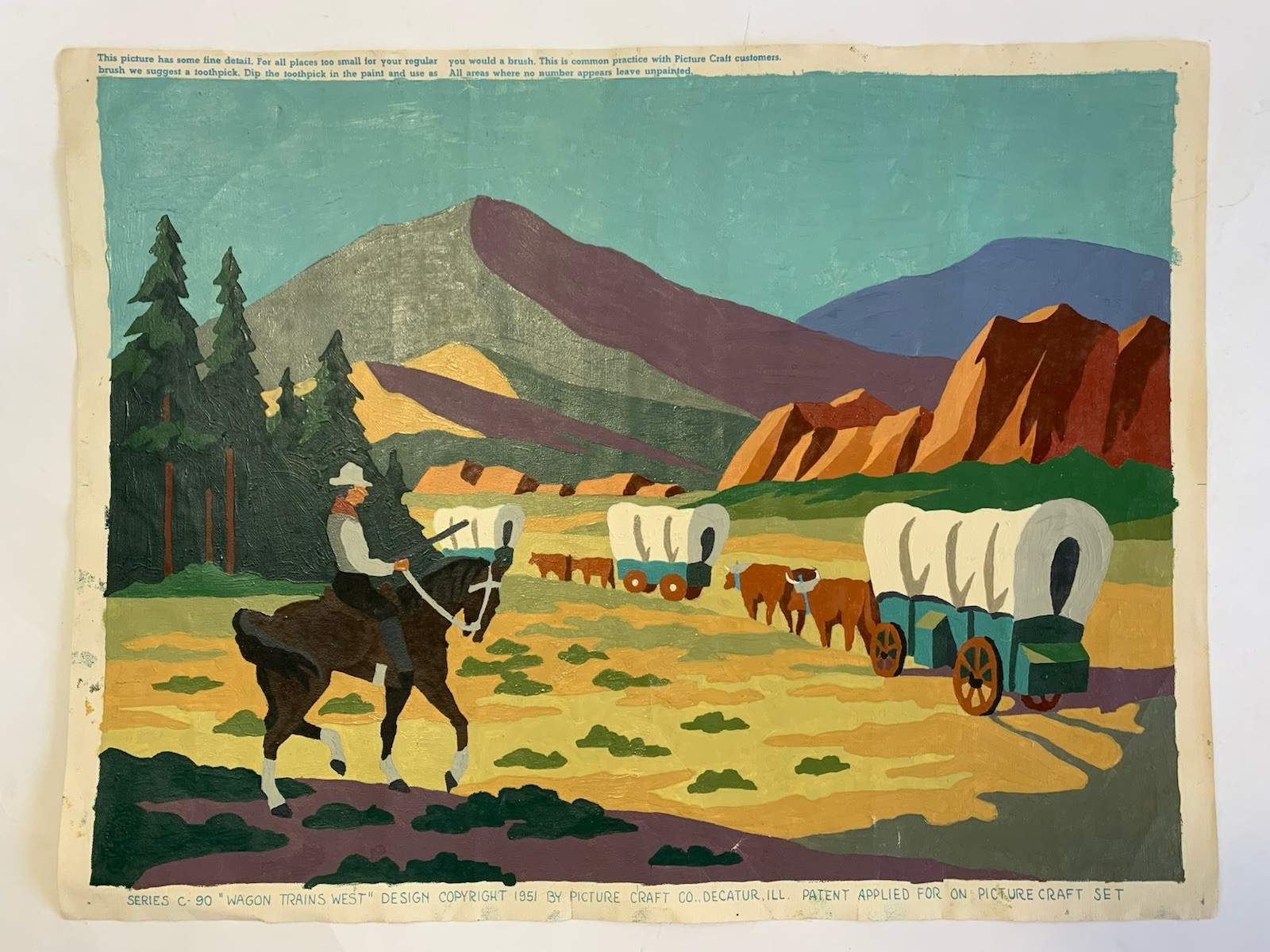 1951 Picture Craft PBN Western Painting “Wagon Trains West” 12×16” Canvas USA