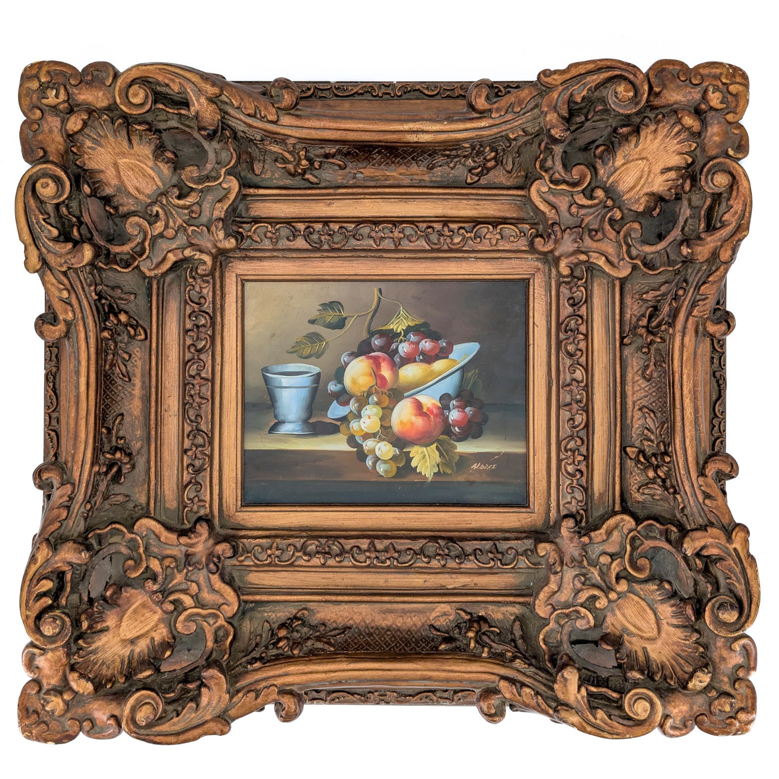 Vintage Baroque Fruit Still Life Oil Painting Dark Academia Old Masters Signed