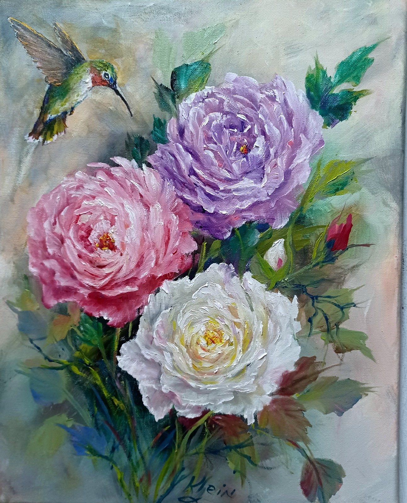 HUM AND MULTI-COLORED ROSES Original Floral 14×18 BIRD PAINTING BY ARTIST KLEIN