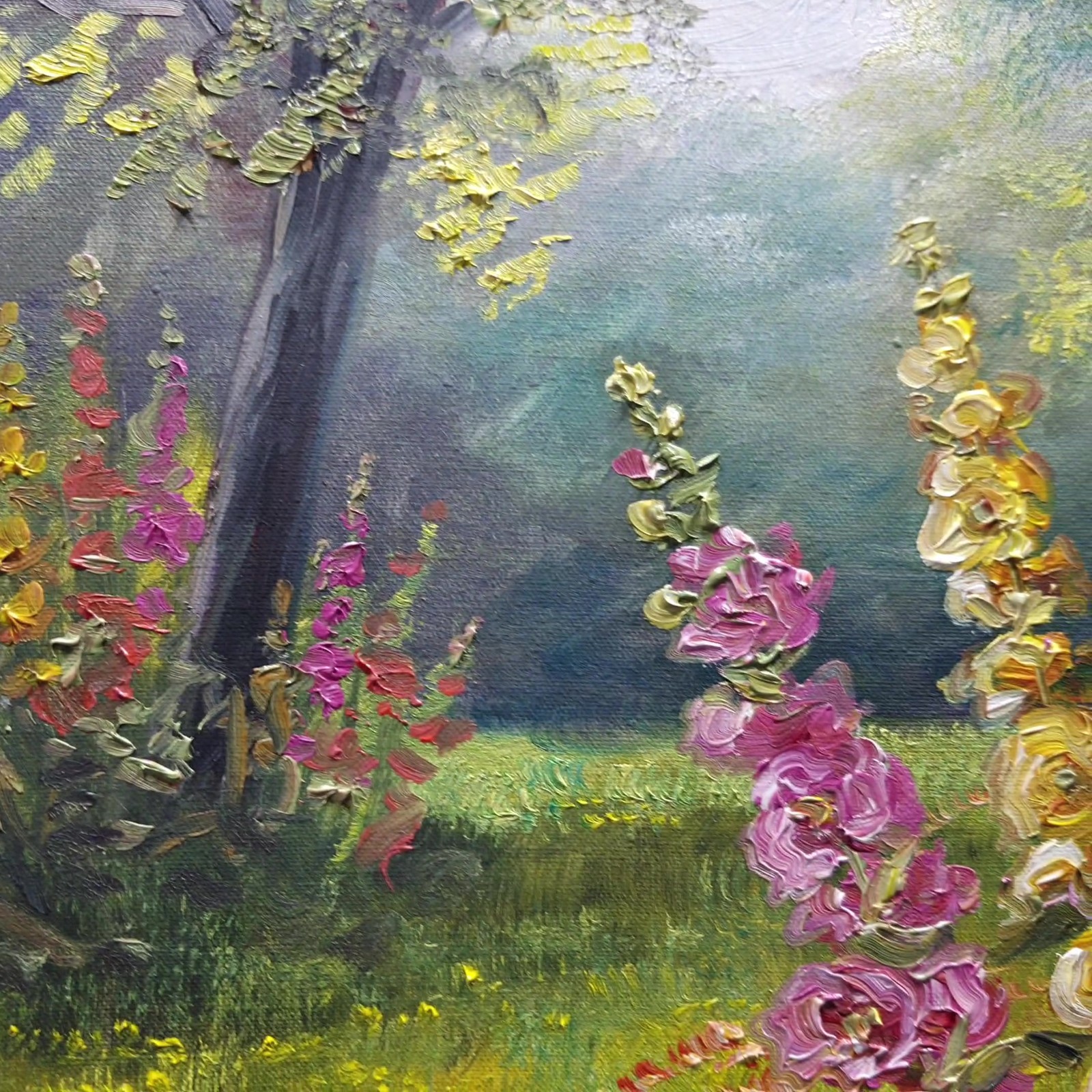Colorful Hollyhocks Oil Painting Original Garden Flowers Wall Art Canvas 10×10